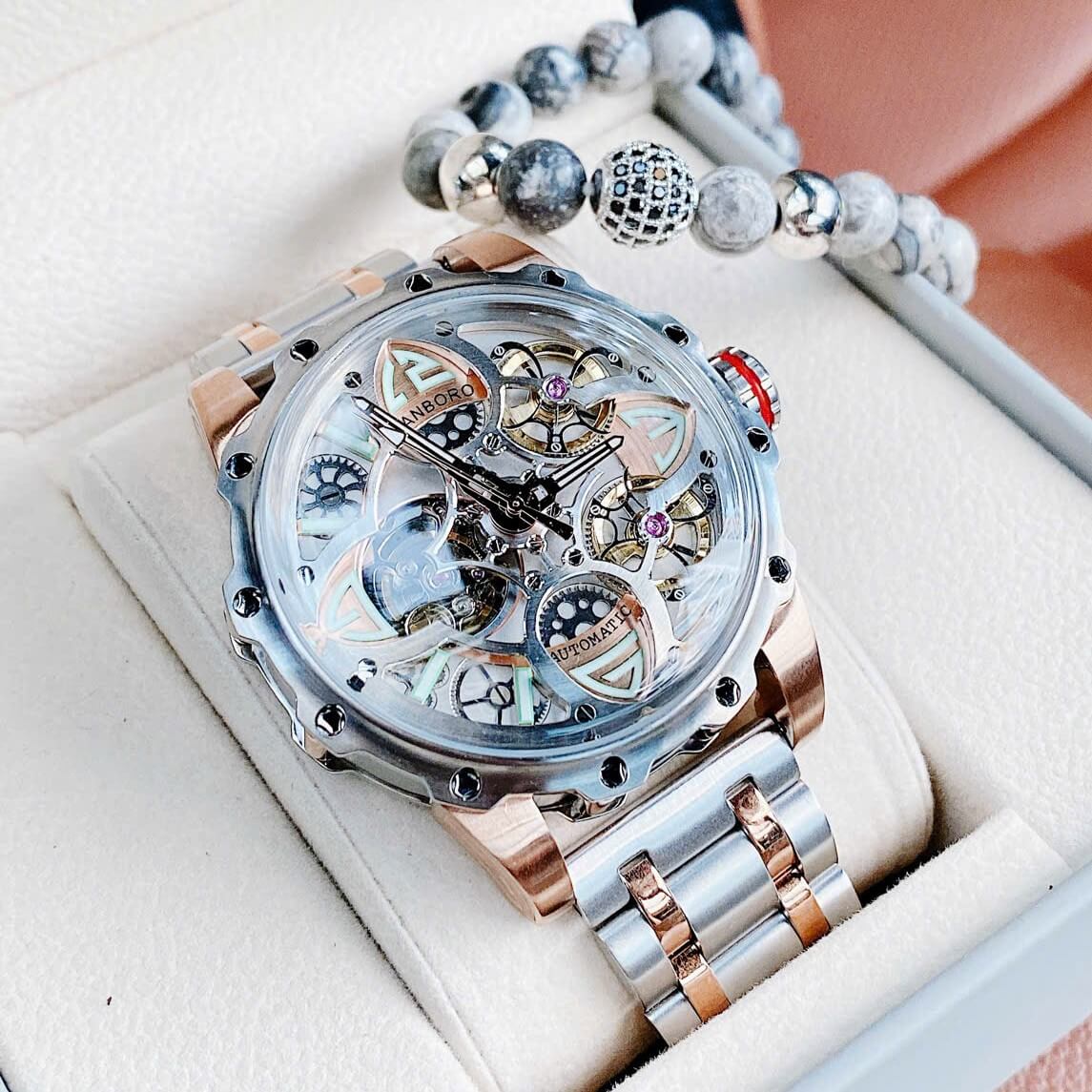 Đồng Hồ Nam Hanboro 8851 Máy Tự Động Skeleton Kim Loại Demi Vàng Hồng Size 44mm