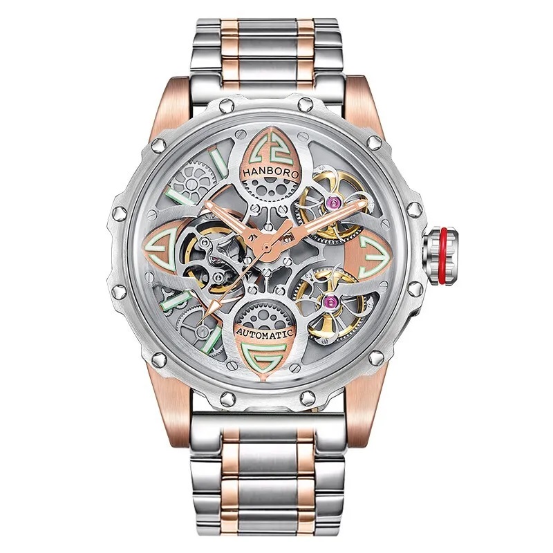 Đồng Hồ Nam Hanboro 8851 Máy Tự Động Skeleton Kim Loại Demi Vàng Hồng Size 44mm
