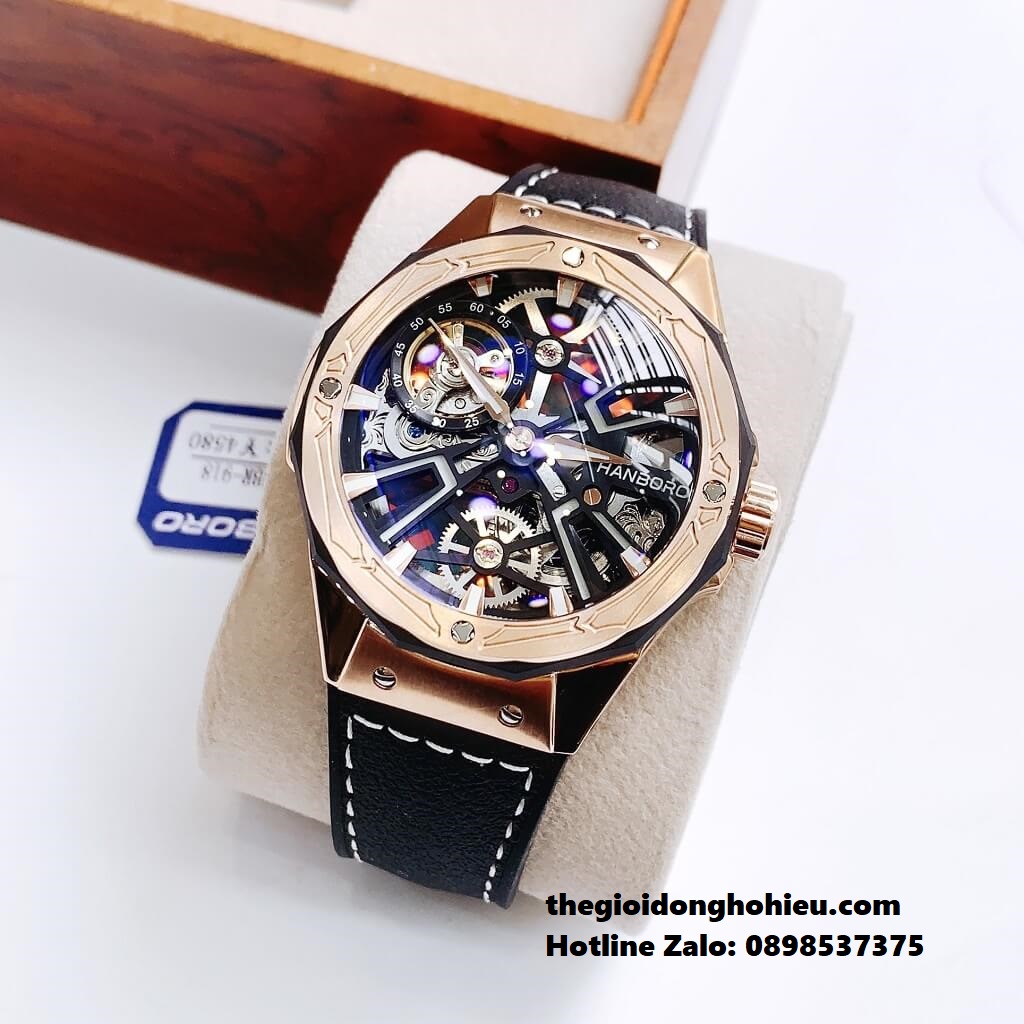 Đồng Hồ Nam Hanboro Automatic Dây Silicone Đen Vỏ Rose Gold 44mm HBR-918
