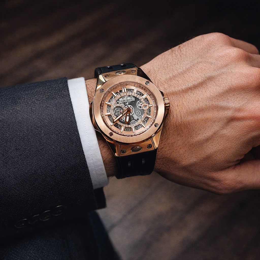 Đồng Hồ Nam Hanboro Máy Tự Động Đính Đá Kim Loại Vàng Hồng Dây Cao Su Đen Size 43mm