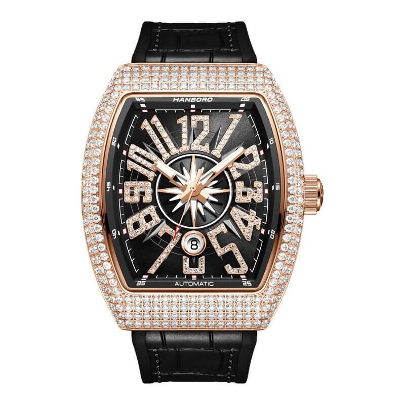 Đồng Hồ Nam Hanboro Tự Động Dây Cao Su Black Rose Gold 44mm