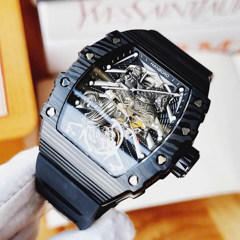 Đồng Hồ Nam Hanboro Tự Động Dây Cao Su Đen Vỏ Ovan Đen Size 44mm