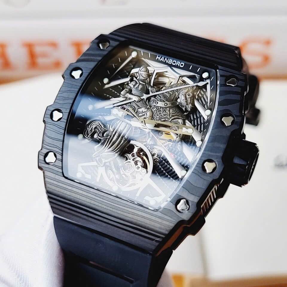 Đồng Hồ Nam Hanboro Tự Động Dây Cao Su Đen Vỏ Ovan Đen Size 44mm