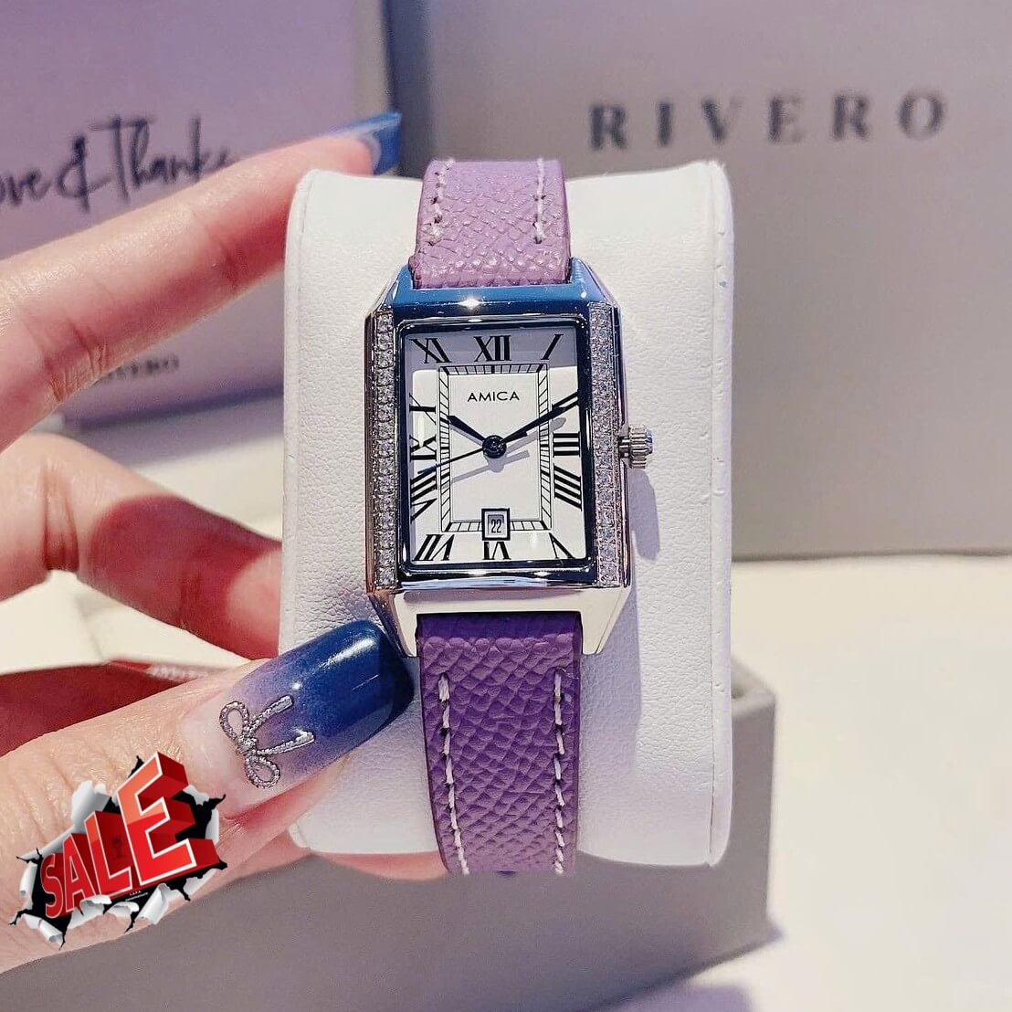 Đồng Hồ Nữ Amica A042 Dây Da Tím Mặt Chữ Nhật Size 28x22mm Chính Hãng
