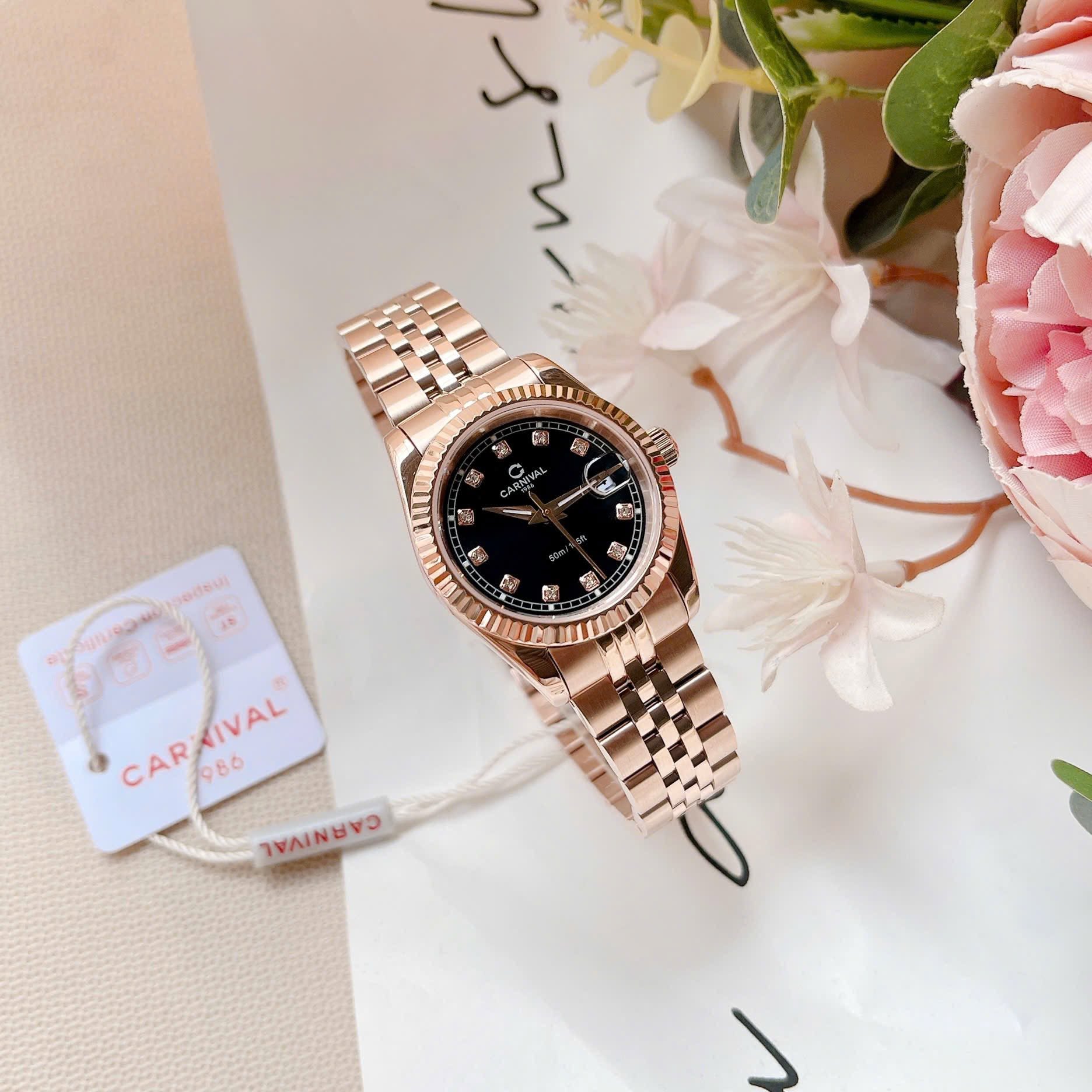 Đồng Hồ Nữ Carnival 8131L-VH-D Dây Thép Vàng Hồng Mặt Đen Size 30mm Quartz Japan