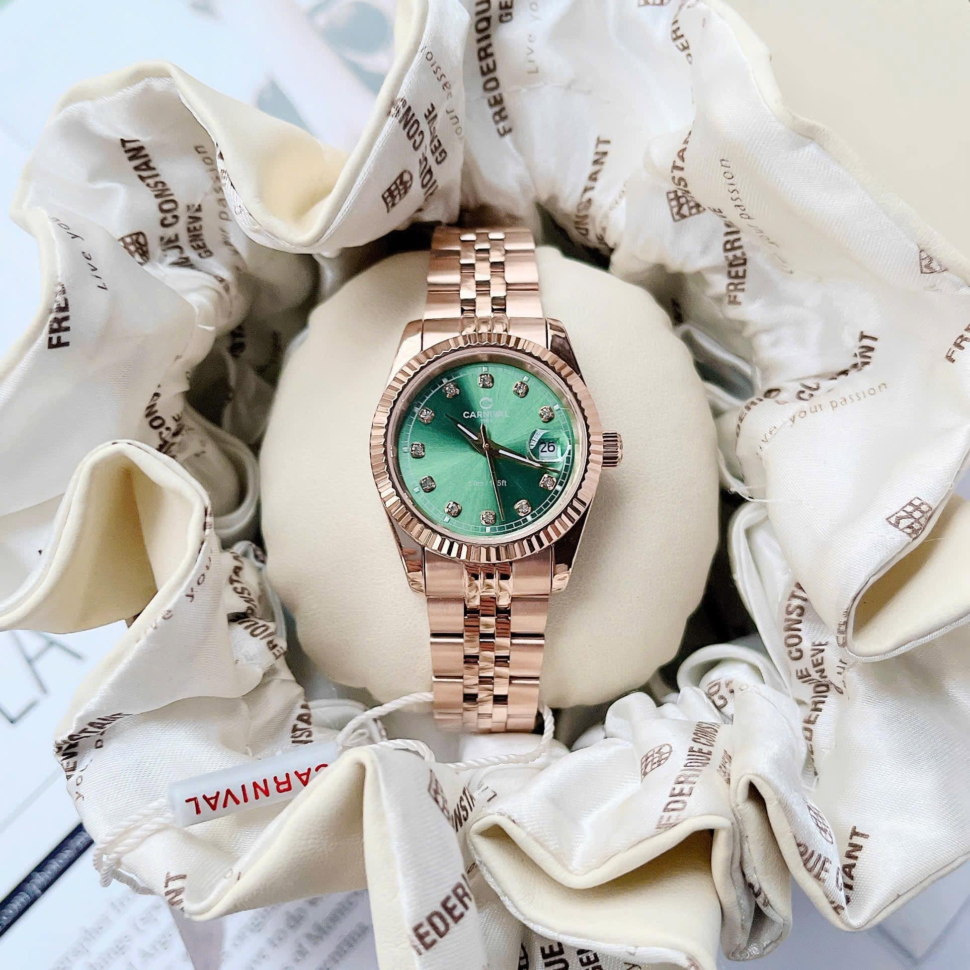 Đồng Hồ Nữ Carnival 8131L-VH-XL Dây Thép Vàng Hồng Mặt Xanh Lá Size 30mm Quartz Japan