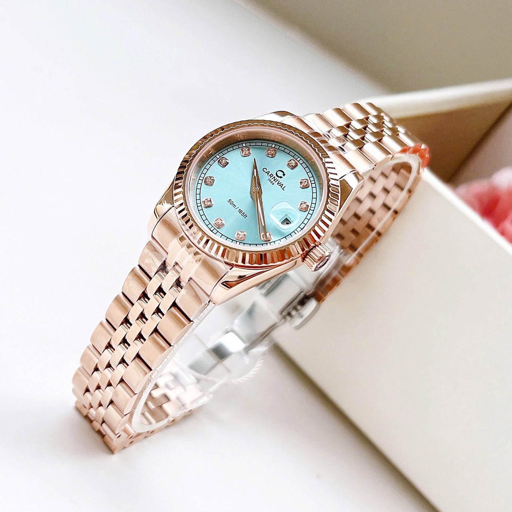 Đồng Hồ Nữ Carnival 8131L-VH-XT Dây Thép Vàng Hồng Mặt Xanh Pastel Size 30mm Quartz Japan