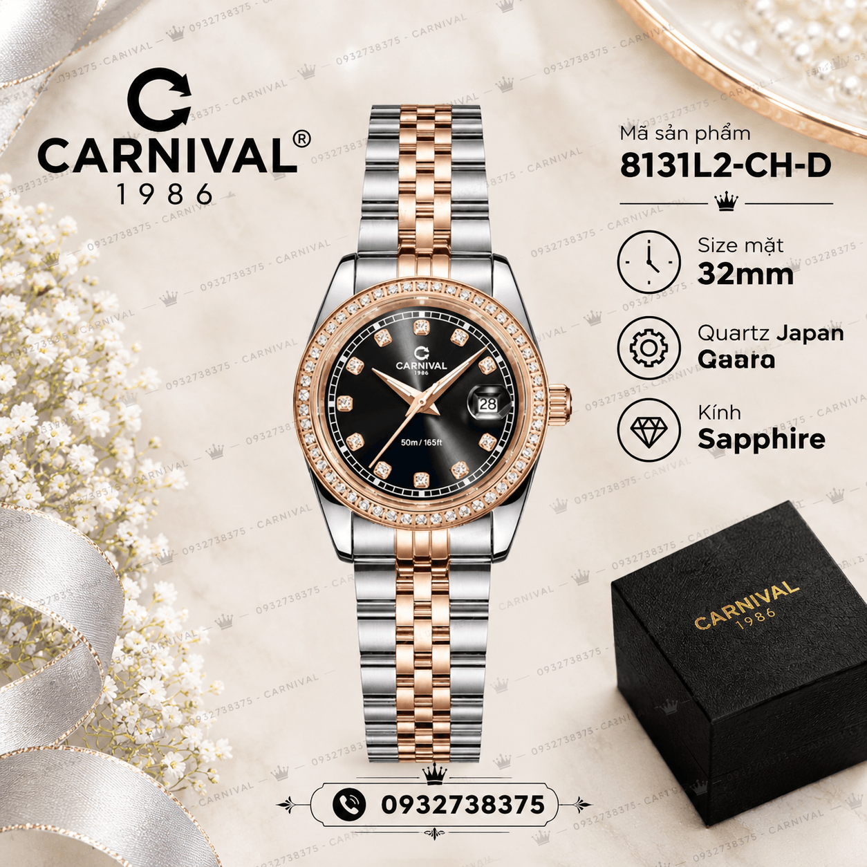Đồng Hồ Nữ Carnival 8131L2-CH-D Dây Demi Vàng Hồng Mặt Đen Viền Đính Đá Size 31mm Quartz Japan