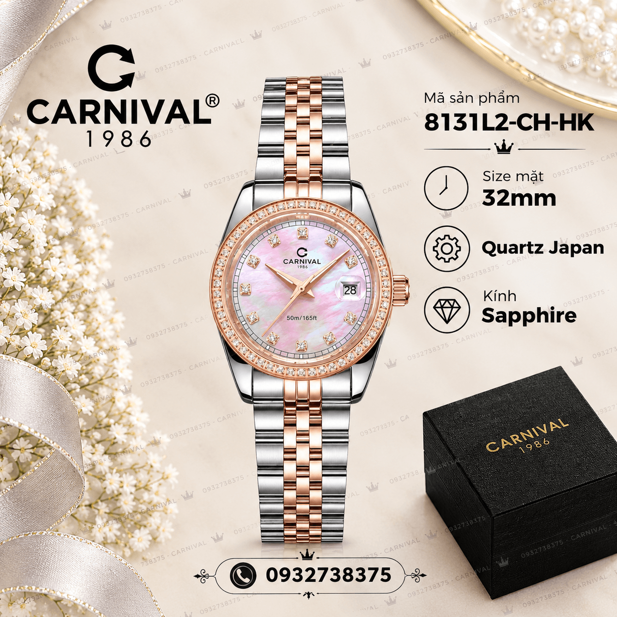 Đồng Hồ Nữ Carnival 8131L2-CH-HK Dây Demi Vàng Hồng Mặt Xà Cừ Hồng Viền Đính Đá Size 31mm Quartz Japan