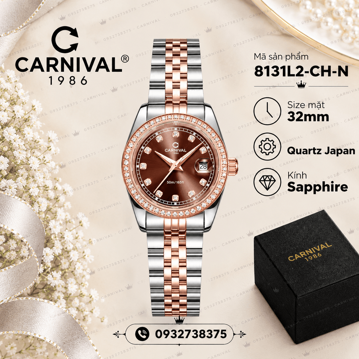 Đồng Hồ Nữ Carnival 8131L2-CH-N Dây Demi Vàng Hồng Mặt Nâu Chocolate Viền Đính Đá Size 31mm Quartz Japan