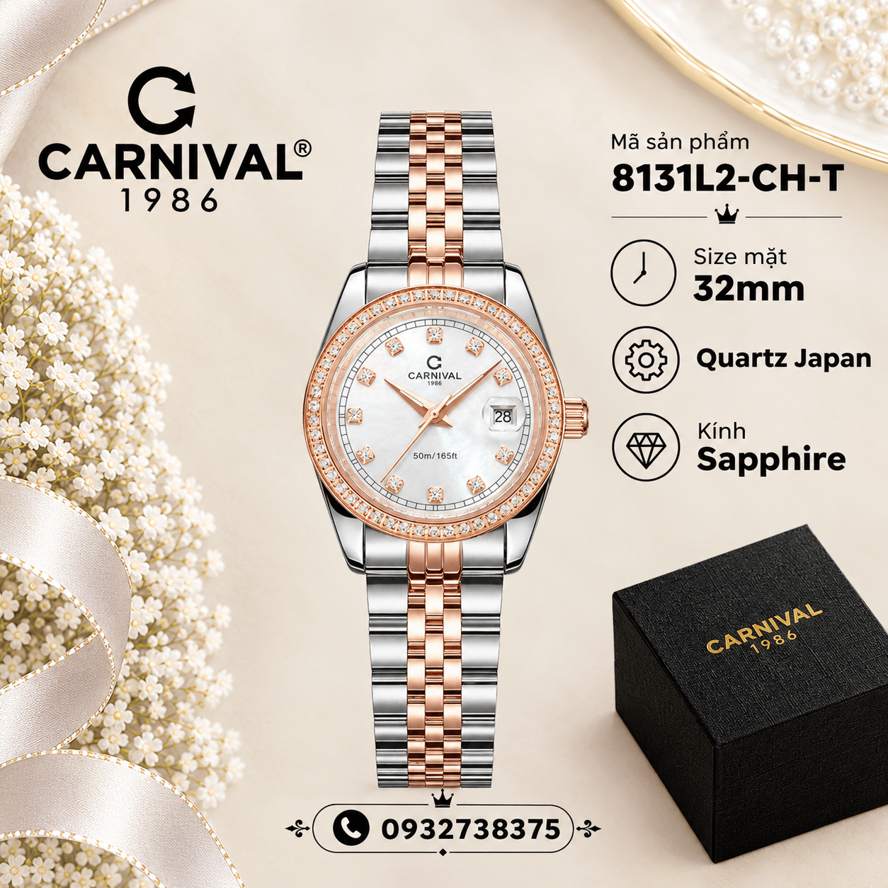 Đồng Hồ Nữ Carnival 8131L2-CH-T Dây Demi Vàng Hồng Mặt Trắng Viền Đính Đá Size 31mm Quartz Japan