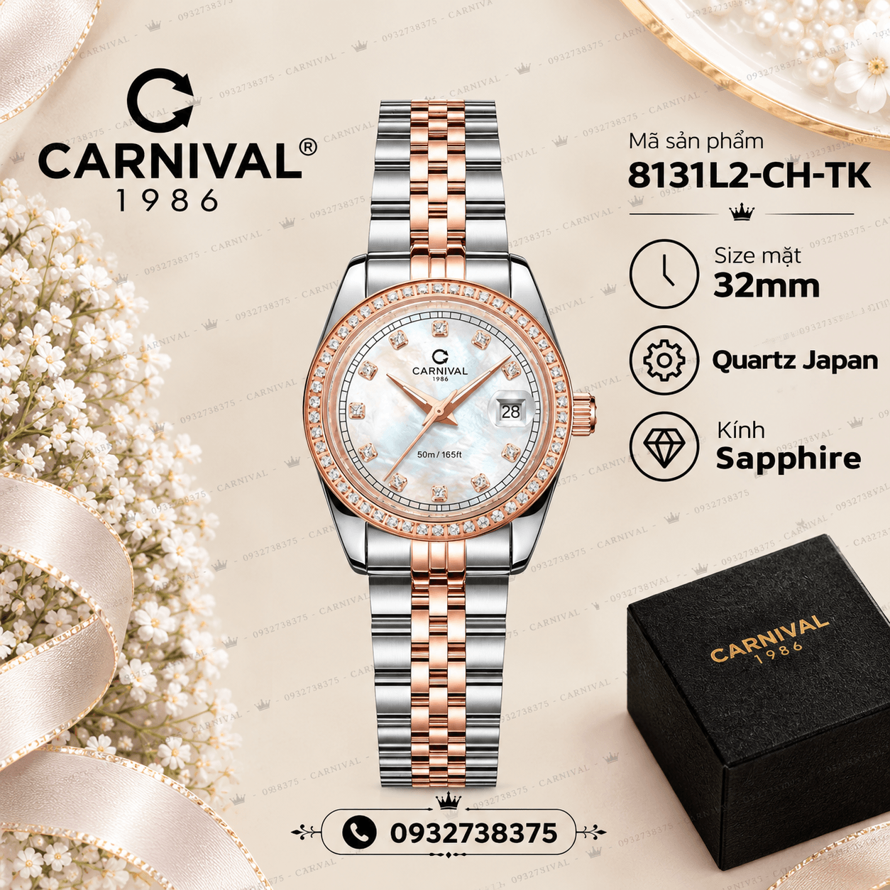 Đồng Hồ Nữ Carnival 8131L2-CH-TK Dây Demi Vàng Hồng Mặt Xà Cừ Trắng Viền Đính Đá Size 31mm Quartz Japan