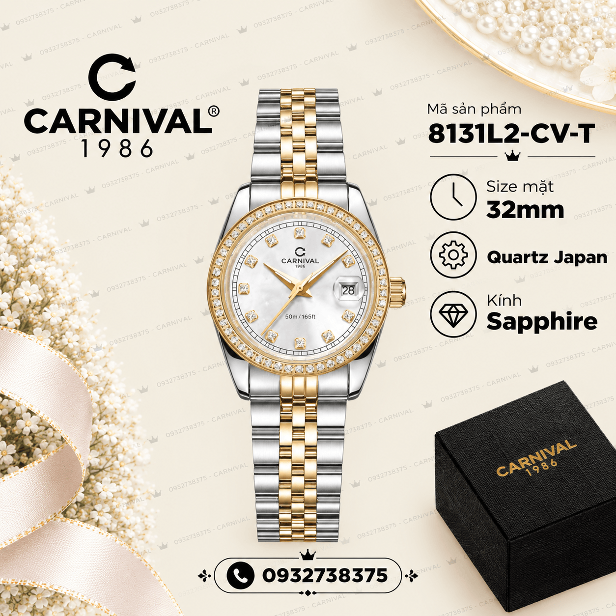 Đồng Hồ Nữ Carnival 8131L2-CV-T Dây Demi Vàng Gold Mặt Trắng Viền Đính Đá Size 31mm Quartz Japan