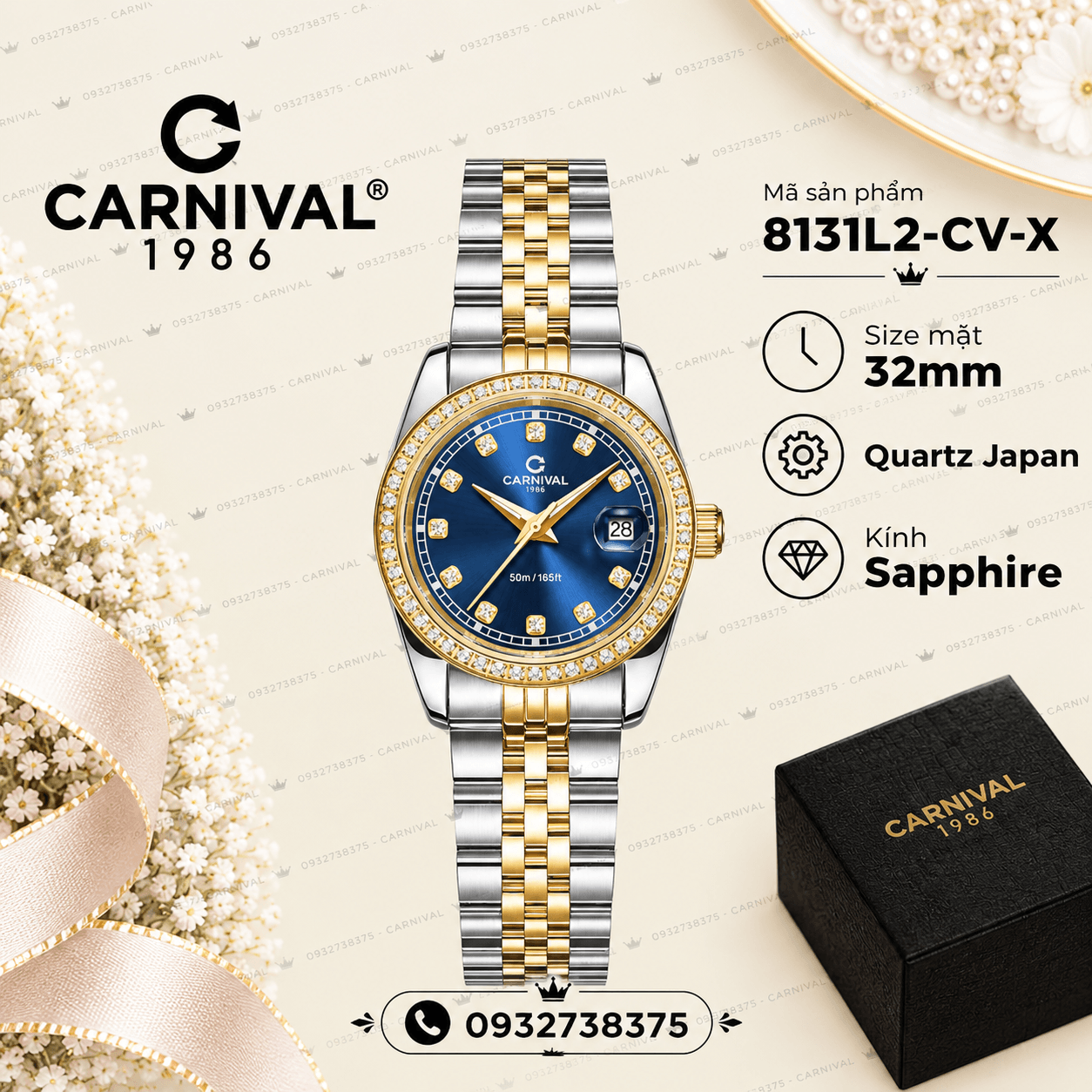 Đồng Hồ Nữ Carnival 8131L2-CV-X Dây Demi Vàng Gold Mặt Xanh Coban Viền Đính Đá Size 31mm Quartz Japan