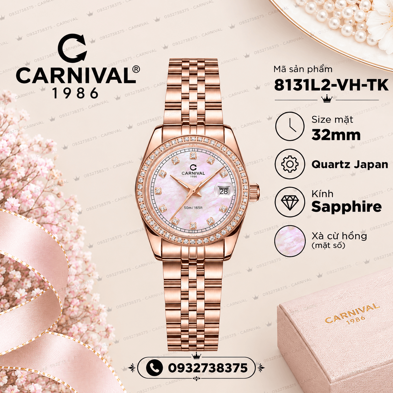 Đồng Hồ Nữ Carnival 8131L2-VH-HK Dây Thép Vàng Hồng Mặt Xà Cừ Hồng Viền Đính Đá Size 31mm Quartz Japan