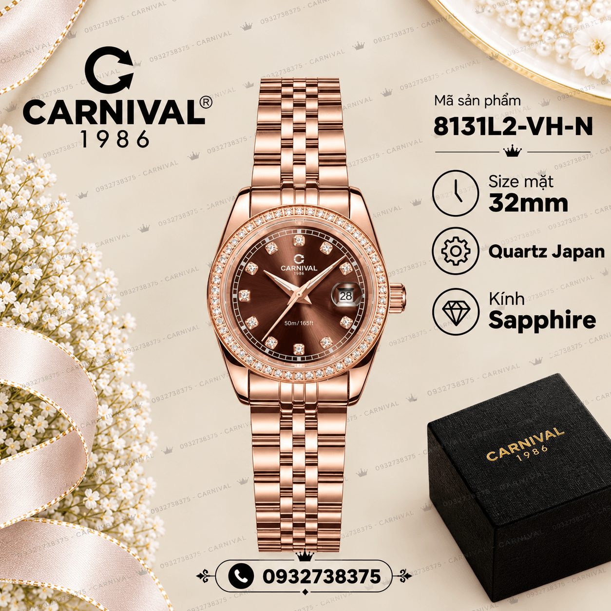 Đồng Hồ Nữ Carnival 8131L2-VH-N Dây Thép Vàng Hồng Mặt Nâu Chocolate Viền Đính Đá Size 31mm Quartz Japan