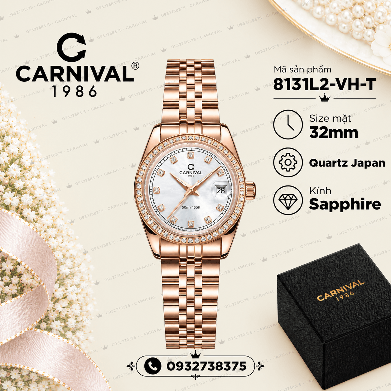 Đồng Hồ Nữ Carnival 8131L2-VH-T Dây Thép Vàng Hồng Mặt Trắng Viền Đính Đá Size 31mm Quartz Japan