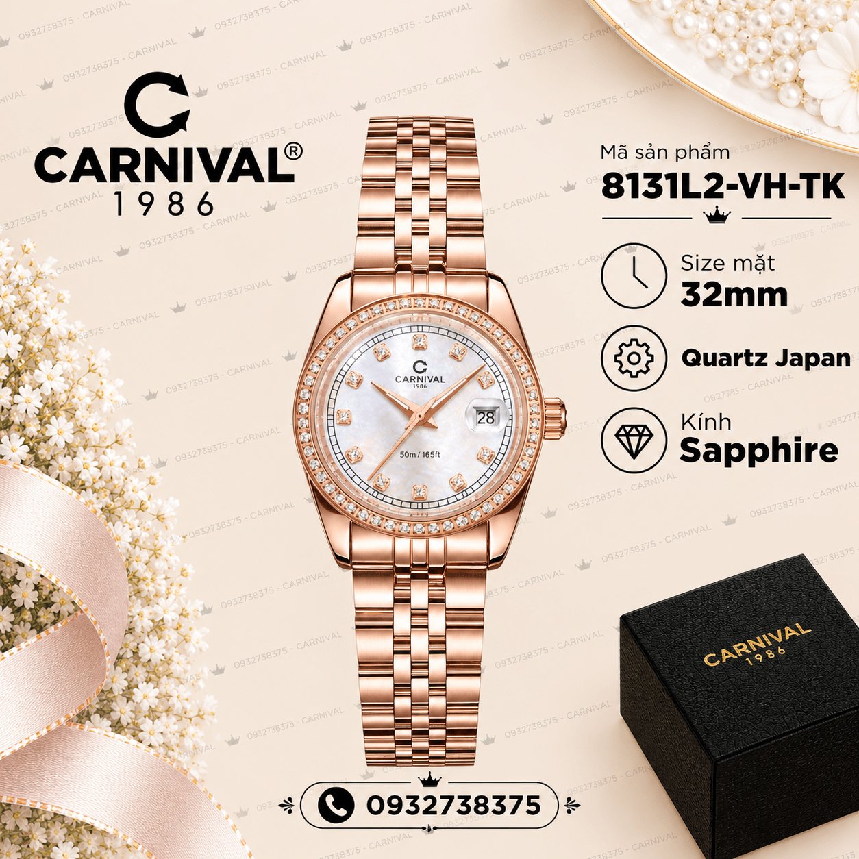 Đồng Hồ Nữ Carnival 8131L2-VH-TK Dây Thép Vàng Hồng Mặt Xà Cừ Trắng Viền Đính Đá Size 31mm Quartz Japan