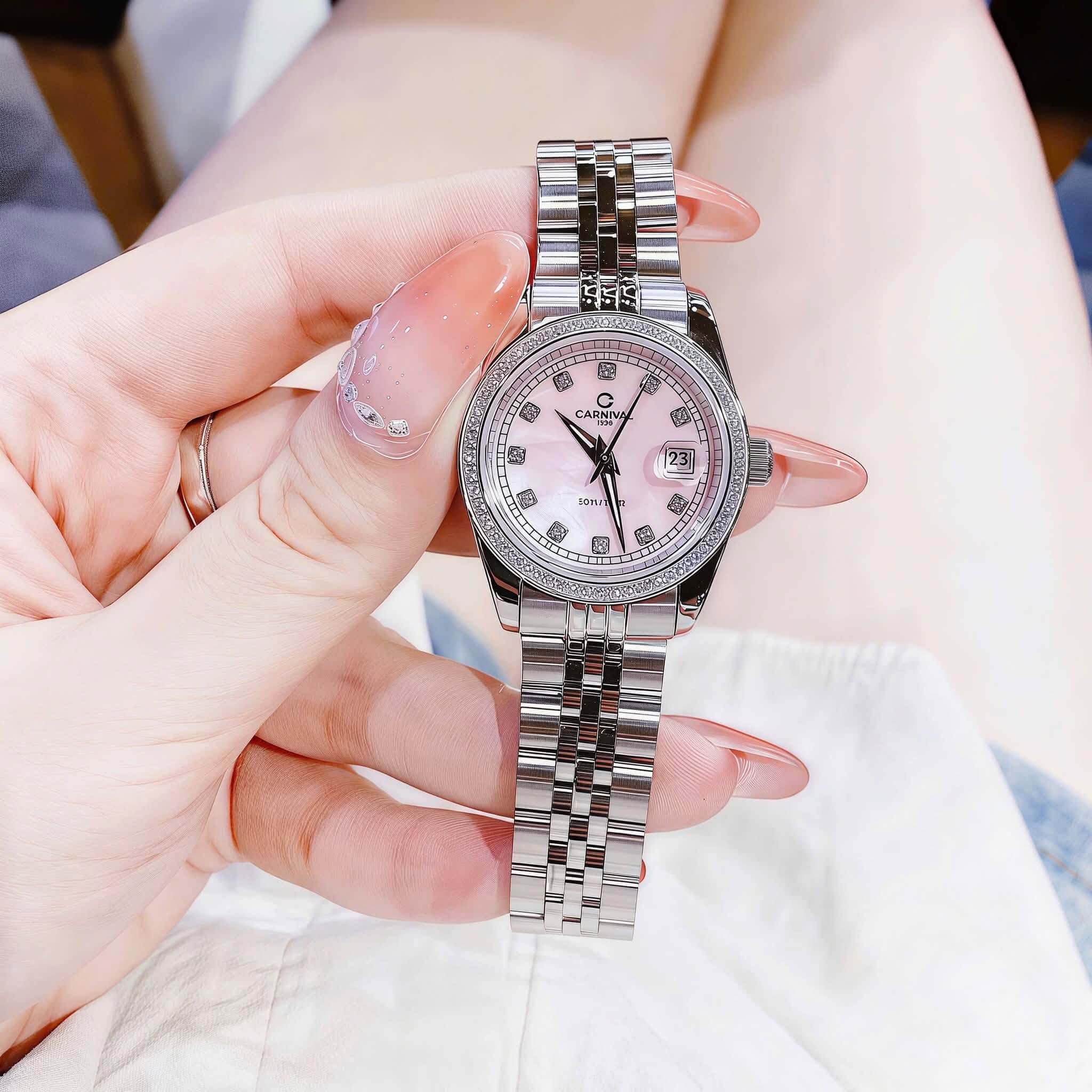 Đồng Hồ Nữ Carnival 8131L2-VT-HK Dây Thép Bạc Mặt Xà Cừ Hồng Viền Đính Đá Size 31mm Quartz Japan