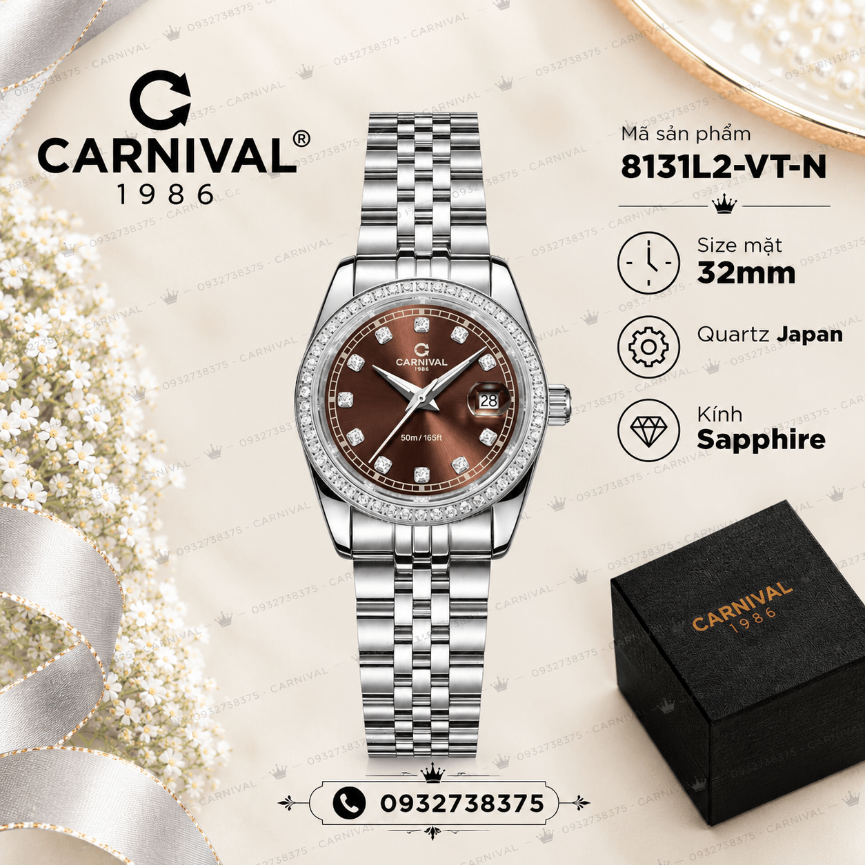 Đồng Hồ Nữ Carnival 8131L2-VT-N Dây Thép Bạc Mặt Nâu Viền Đính Đá Size 31mm Quartz Japan
