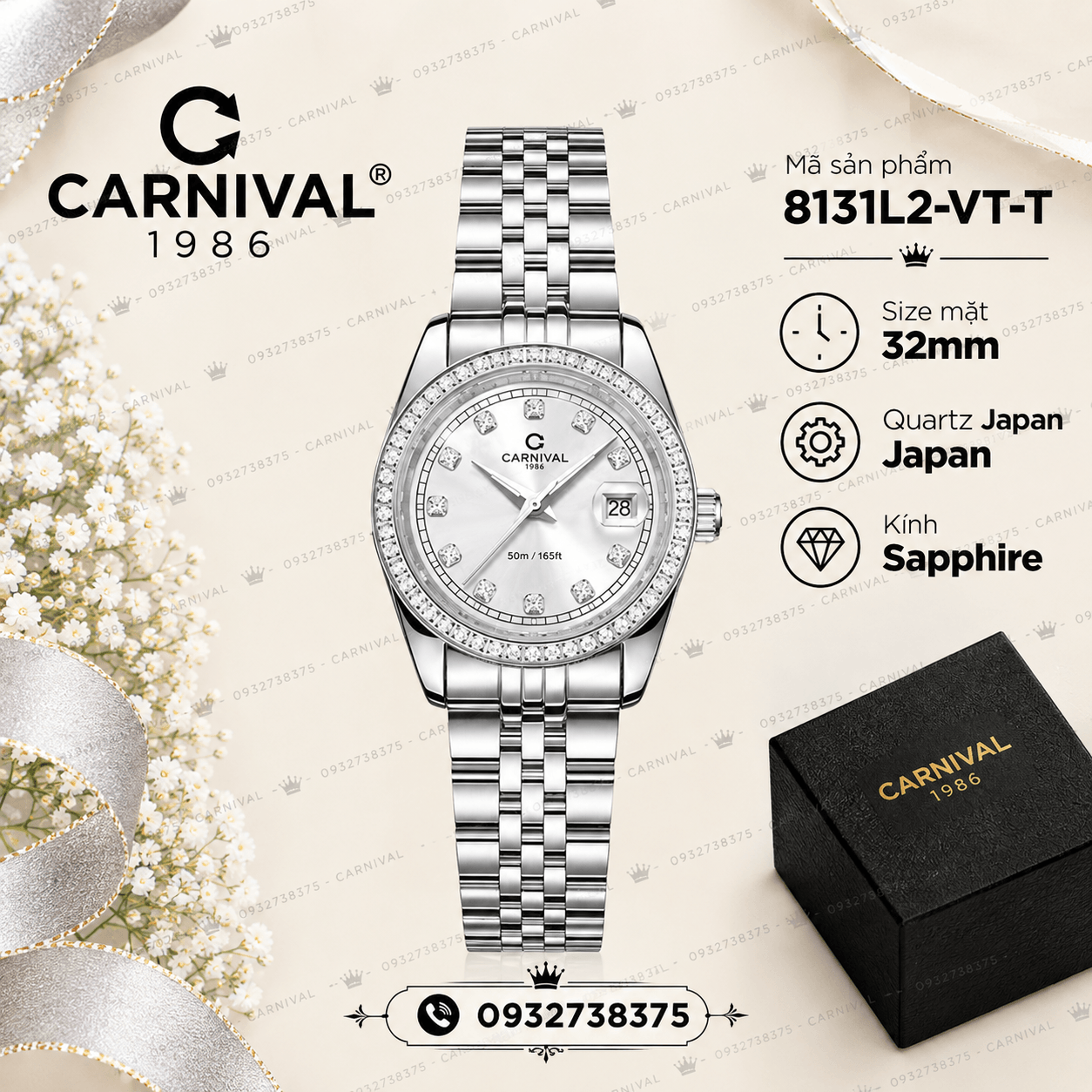 Đồng Hồ Nữ Carnival 8131L2-VT-T Dây Thép Bạc Mặt Trắng Viền Đính Đá Size 31mm Quartz Japan