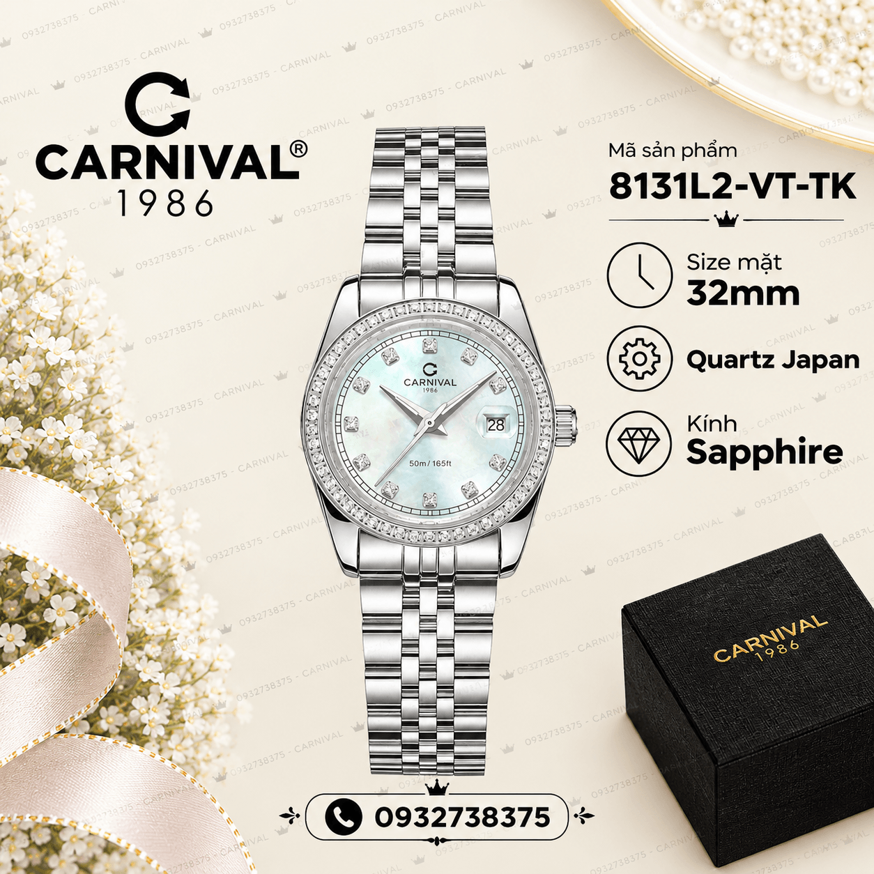 Đồng Hồ Nữ Carnival 8131L2-VT-TK Dây Thép Bạc Mặt Xà Cừ Trắng Viền Đính Đá Size 31mm Quartz Japan