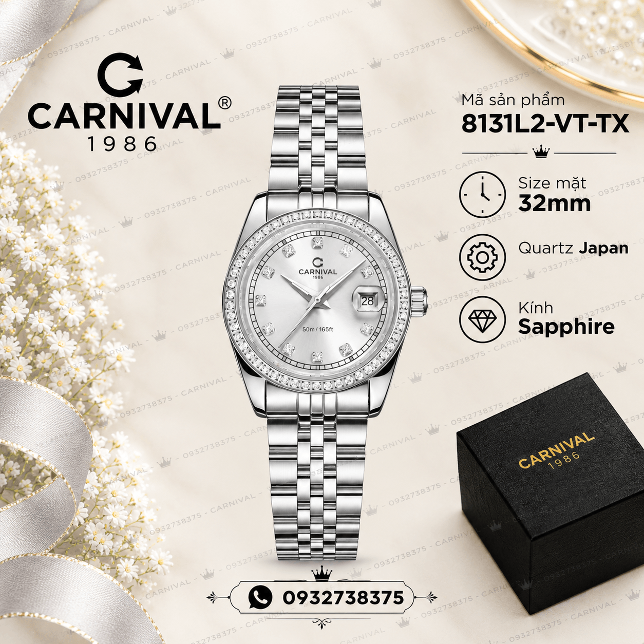 Đồng Hồ Nữ Carnival 8131L2-VT-TX Dây Thép Bạc Mặt Xám Viền Đính Đá Size 31mm Quartz Japan