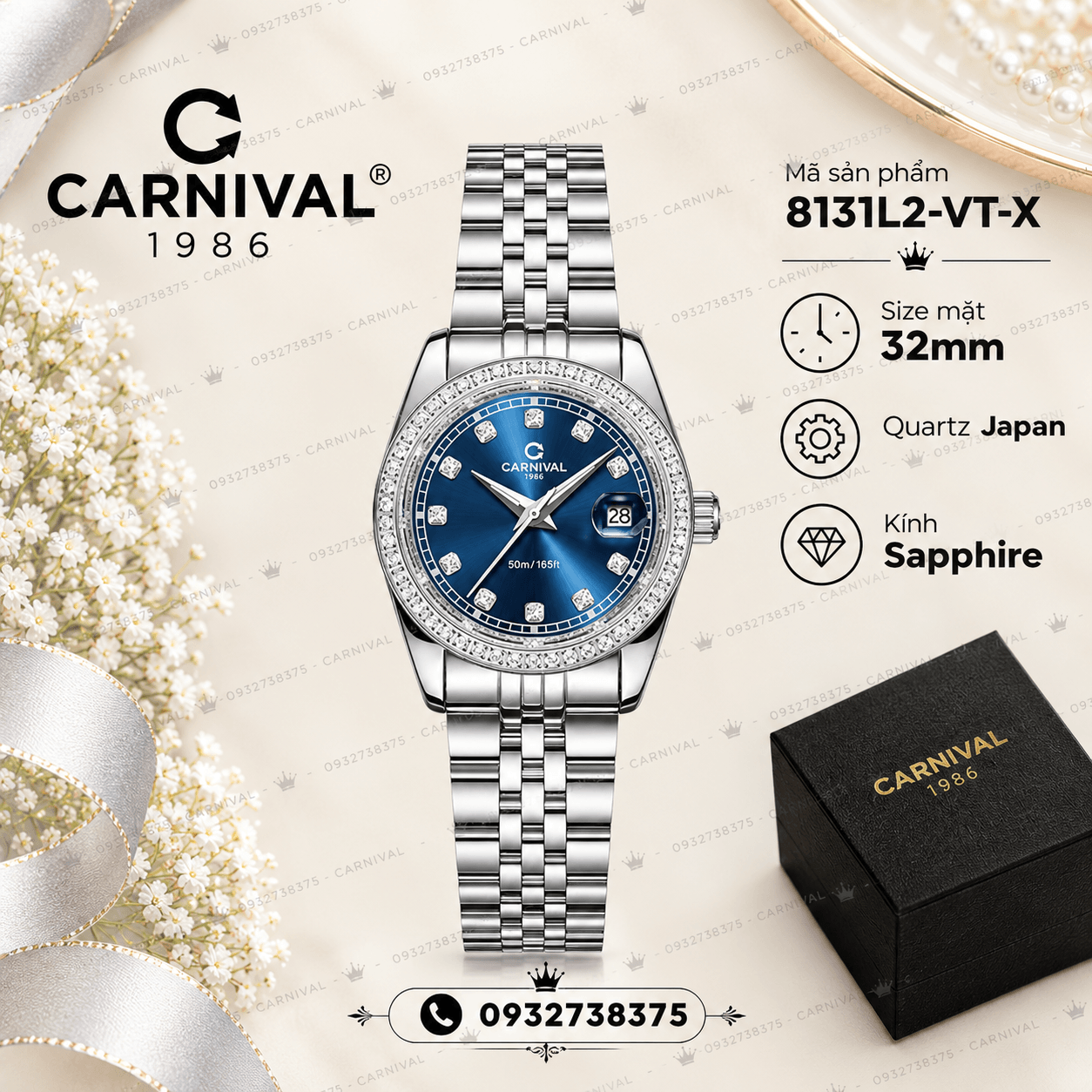 Đồng Hồ Nữ Carnival 8131L2-VT-X Dây Thép Bạc Mặt Xanh Coban Viền Đính Đá Size 31mm Quartz Japan