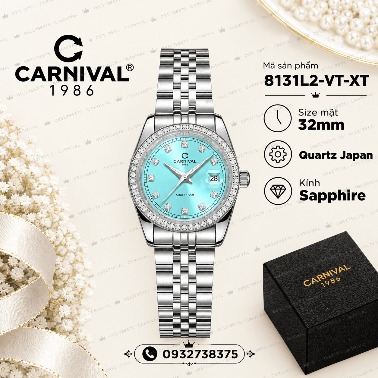 Đồng Hồ Nữ Carnival 8131L2-VT-XT Dây Thép Bạc Mặt Xanh Pastel Viền Đính Đá Size 31mm Quartz Japan