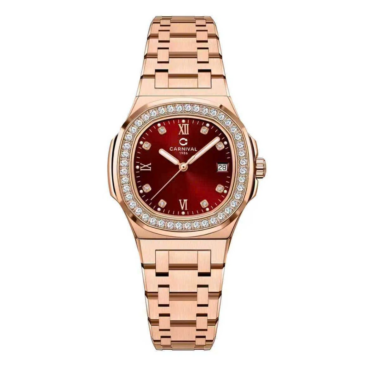 Đồng Hồ Nữ Carnival 8160L2-VH-DO Vàng Hồng Mặt Đỏ Viền Đá Size 34mm Sapphire