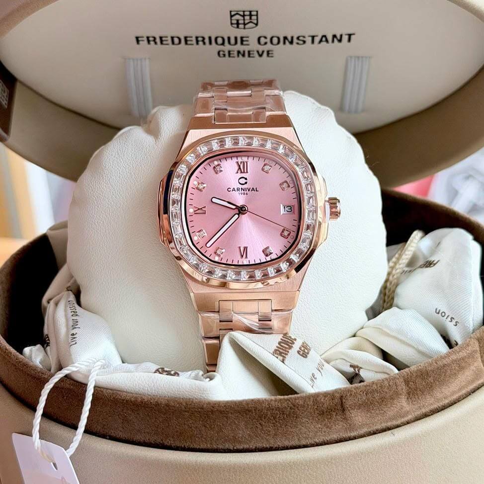Đồng Hồ Nữ Carnival 8160L2-VH-H Vàng Hồng Mặt Hồng Viền Đá Size 34mm Sapphire