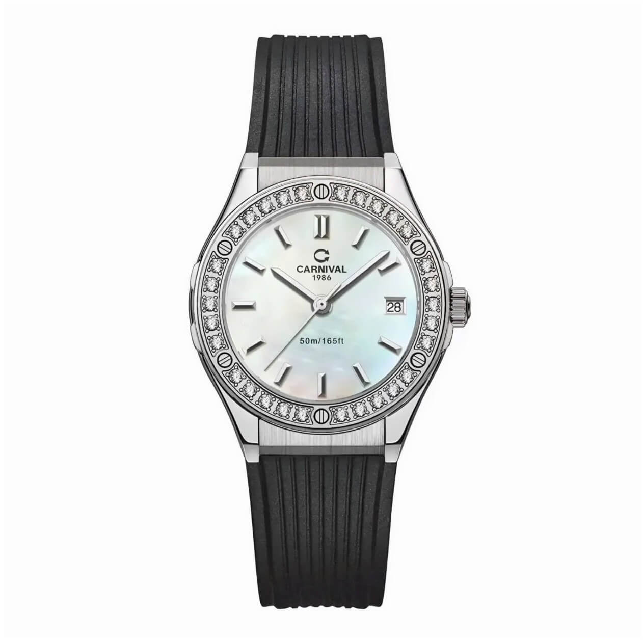 Đồng Hồ Nữ Carnival 8168L2 Dây Cao Đen Mặt Xà Cừ Trắng Đính Đá Vỏ Silver Size 34mm 8168L2-VT-DCS-TK
