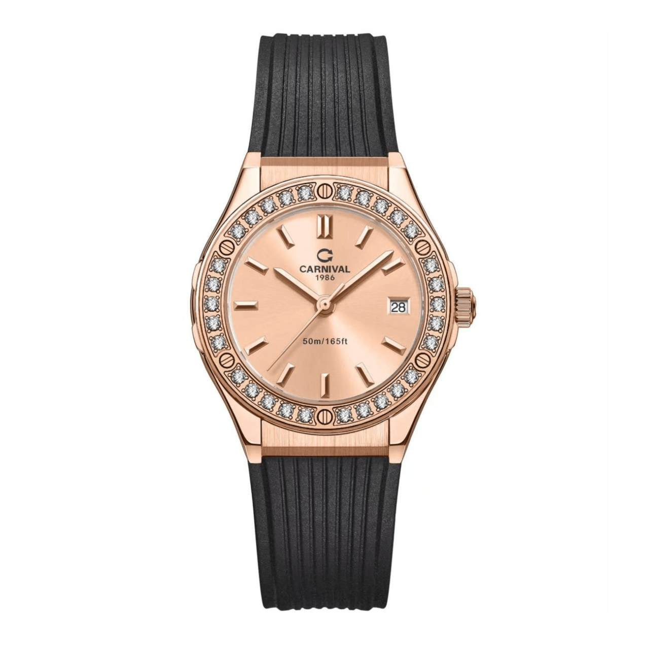 Đồng Hồ Nữ Carnival 8168L2 Dây Cao Su Đen Mặt Vàng Hồng Đính Đá Rose Size 34mm Quartz 8168L2-VH-DCS-NN