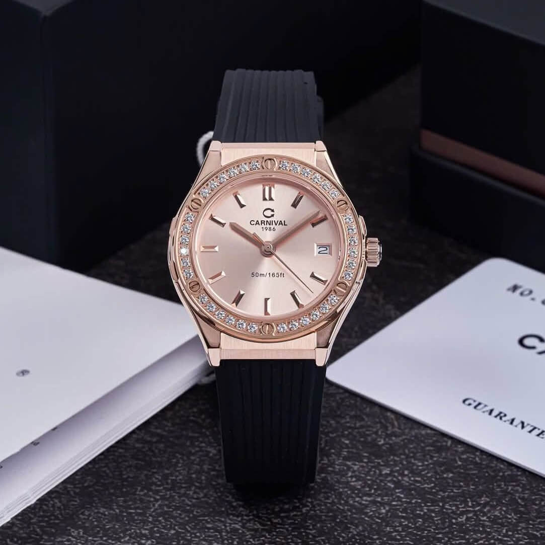 Đồng Hồ Nữ Carnival 8168L2 Dây Cao Su Đen Mặt Vàng Hồng Đính Đá Rose Size 34mm Quartz 8168L2-VH-DCS-NN