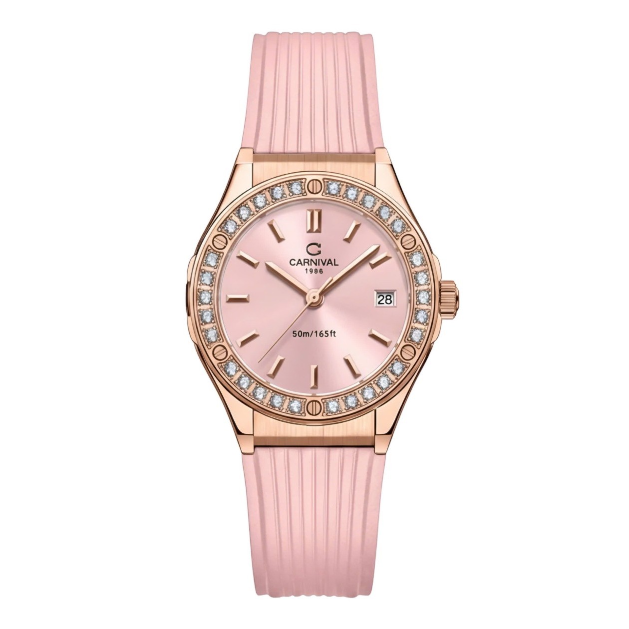 Đồng Hồ Nữ Carnival 8168L2 Dây Cao Su Hồng Đính Đá Rose Size 34mm Quartz 8168L2-VH-DCS-H