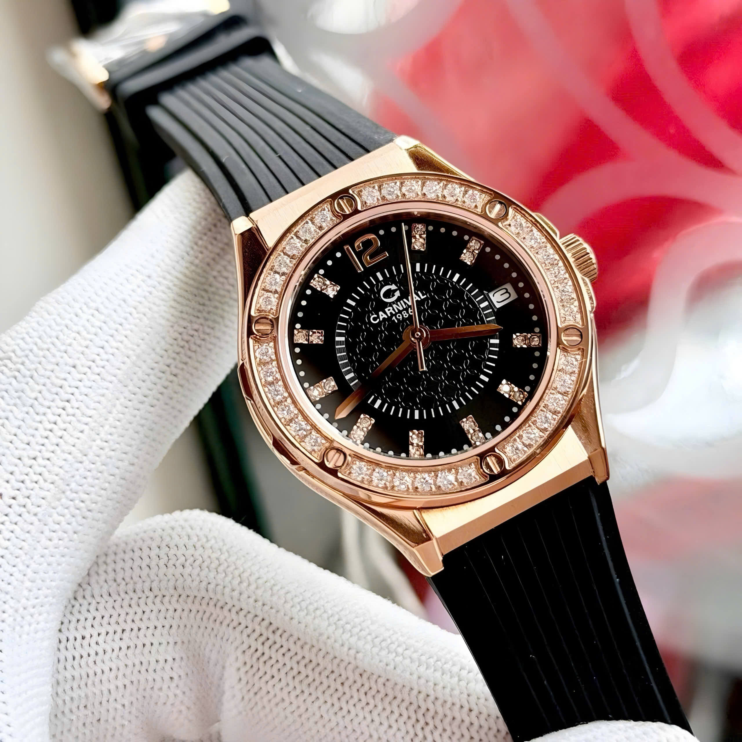 Đồng Hồ Nữ Carnival 8173L2 Dây Cao Su Đen Đính Đá Rose Size 34mm Quartz Japan Carnival 8173L2-VH-DCS-D