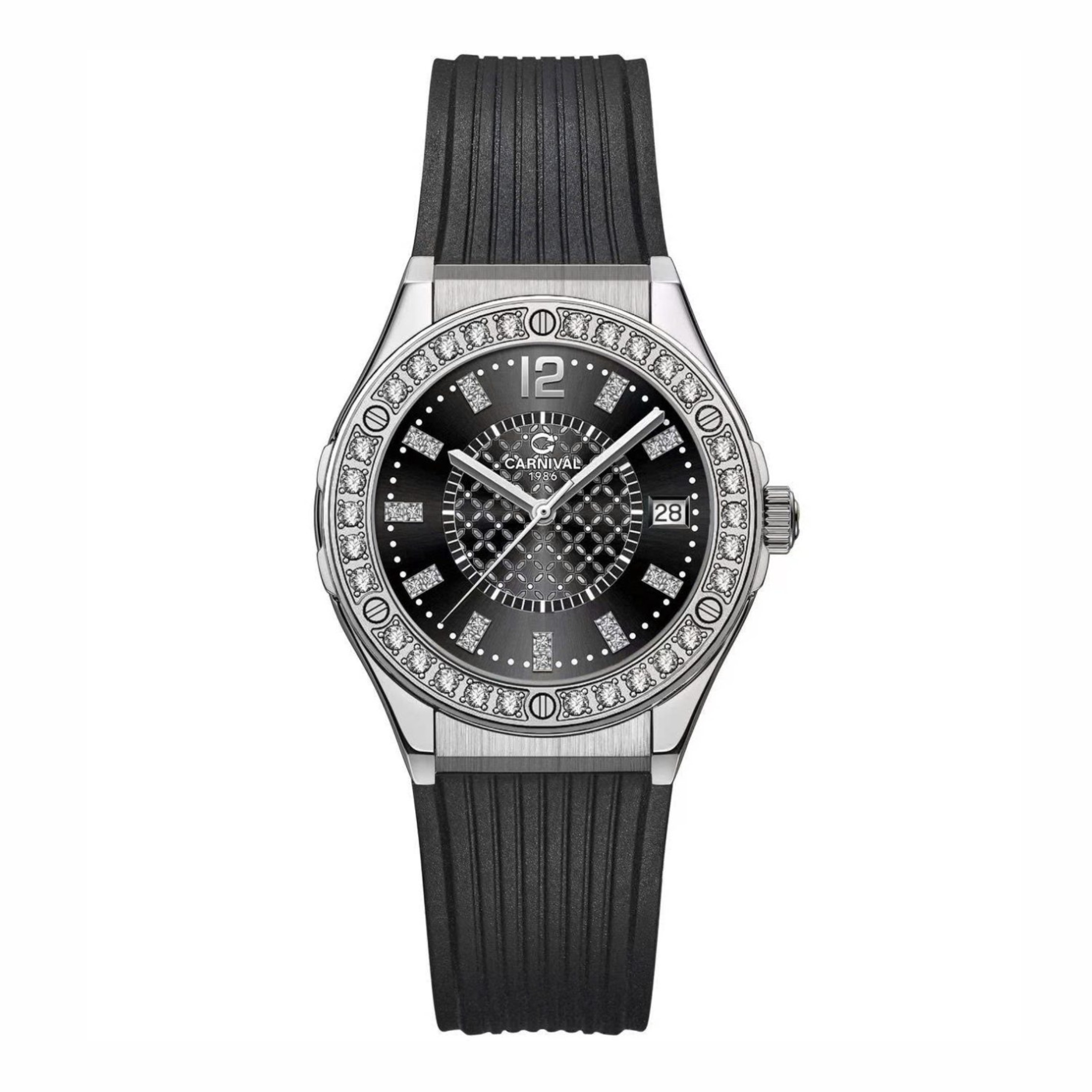 Đồng Hồ Nữ Carnival 8173L2 Dây Cao Su Đen Đính Đá Silver Size 34mm Quartz Japan Carnival 8173L2-VT-DCS-D