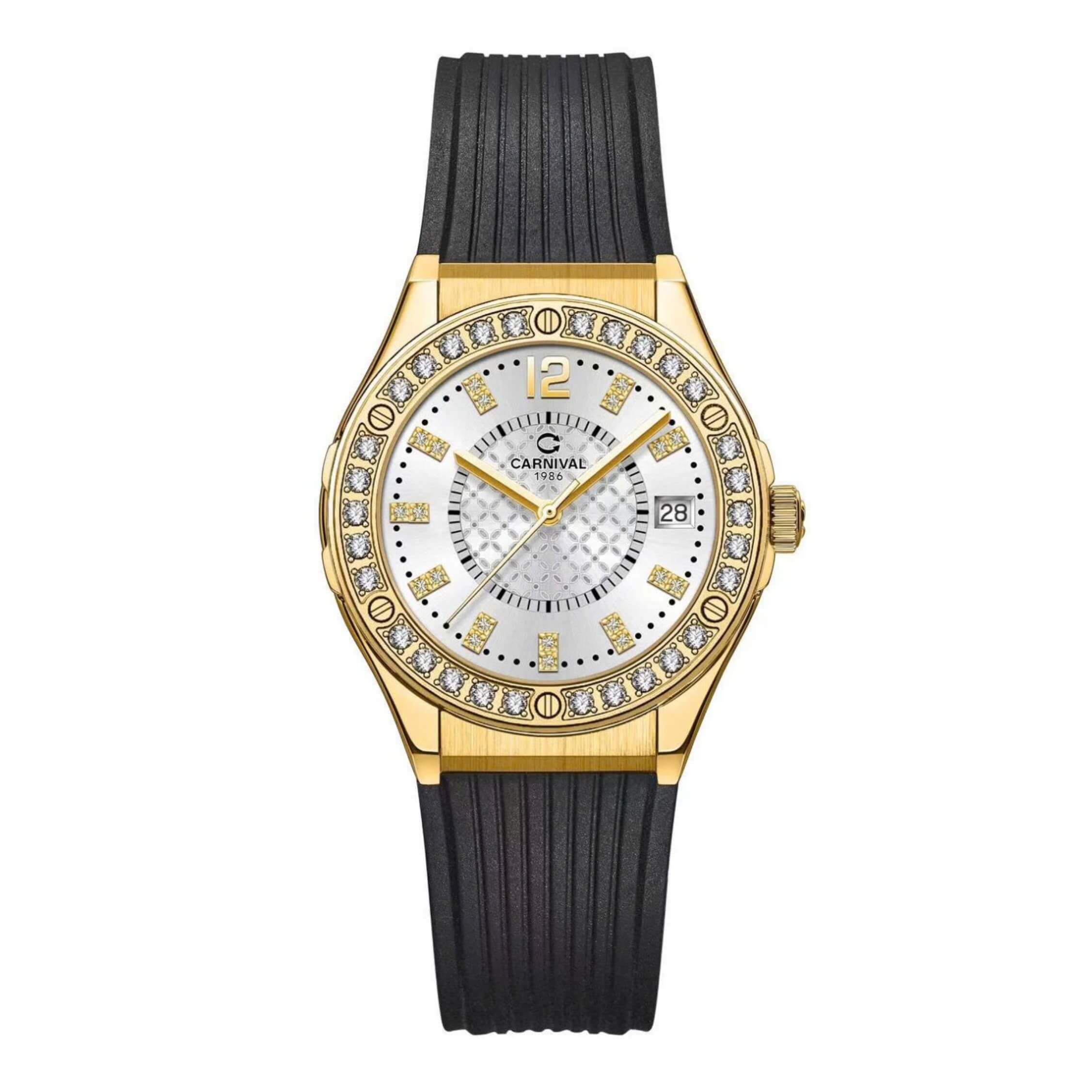 Đồng Hồ Nữ Carnival 8173L2 Dây Cao Su Đen Mặt Trắng Đính Đá Gold Size 34mm Quartz Japan Carnival 8173L2-VV-DCS-T