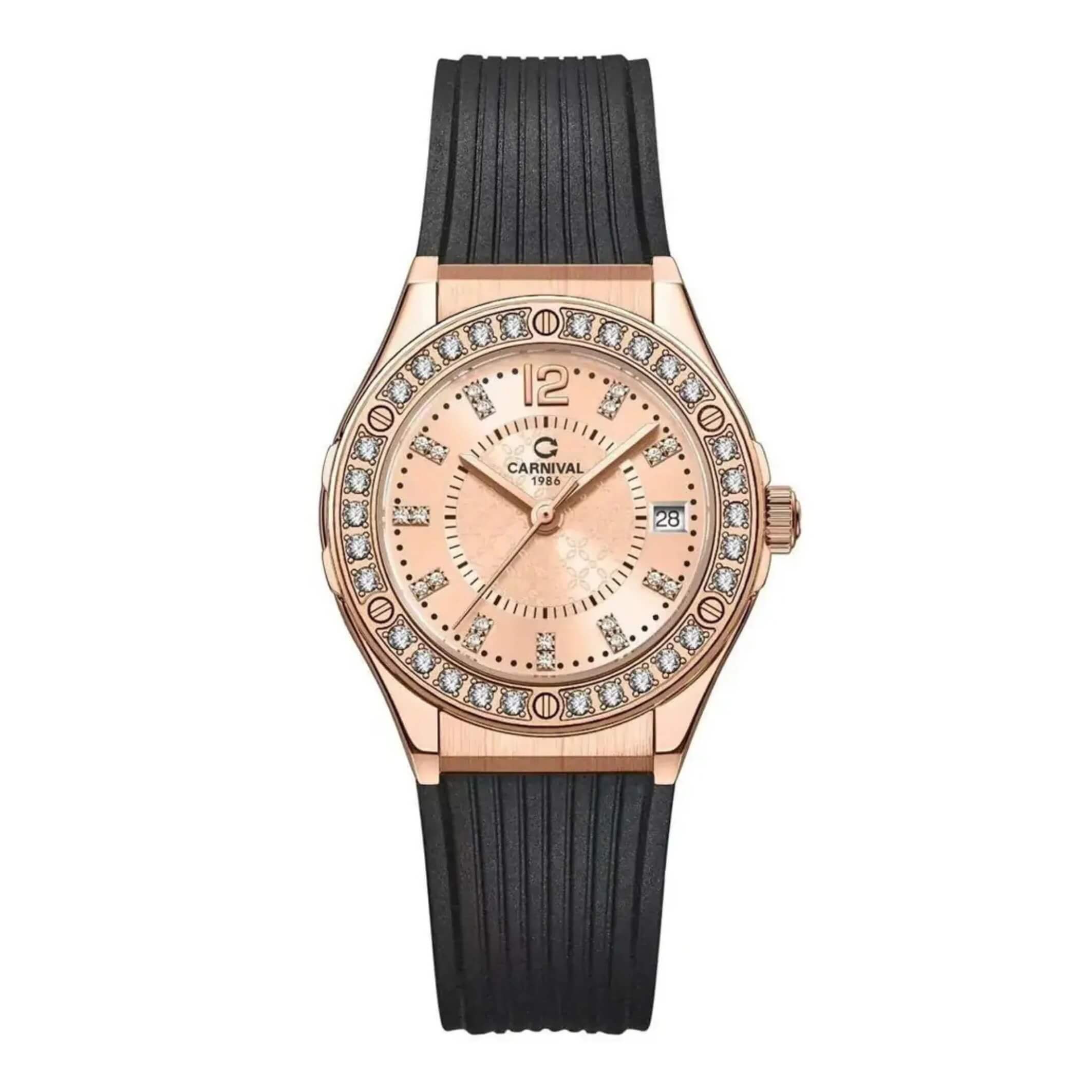 Đồng Hồ Nữ Carnival 8173L2 Dây Cao Su Đen Mặt Vàng Hồng Đính Đá Rose Size 34mm Quartz Japan Carnival 8173L2-VH-DCS-NN