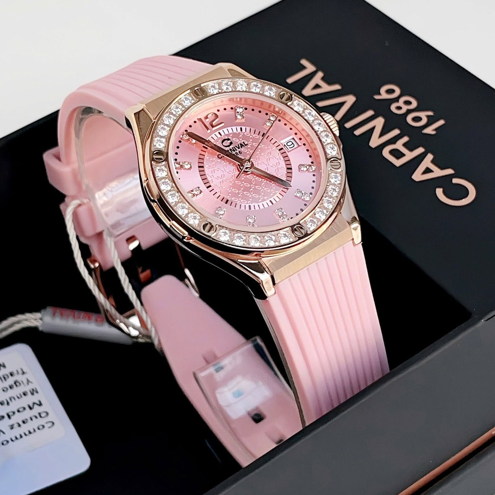 Đồng Hồ Nữ Carnival 8173L2 Dây Cao Su Hồng Đính Đá Rose Size 34mm Quartz Japan Carnival 8173L2-VH-DCS-H