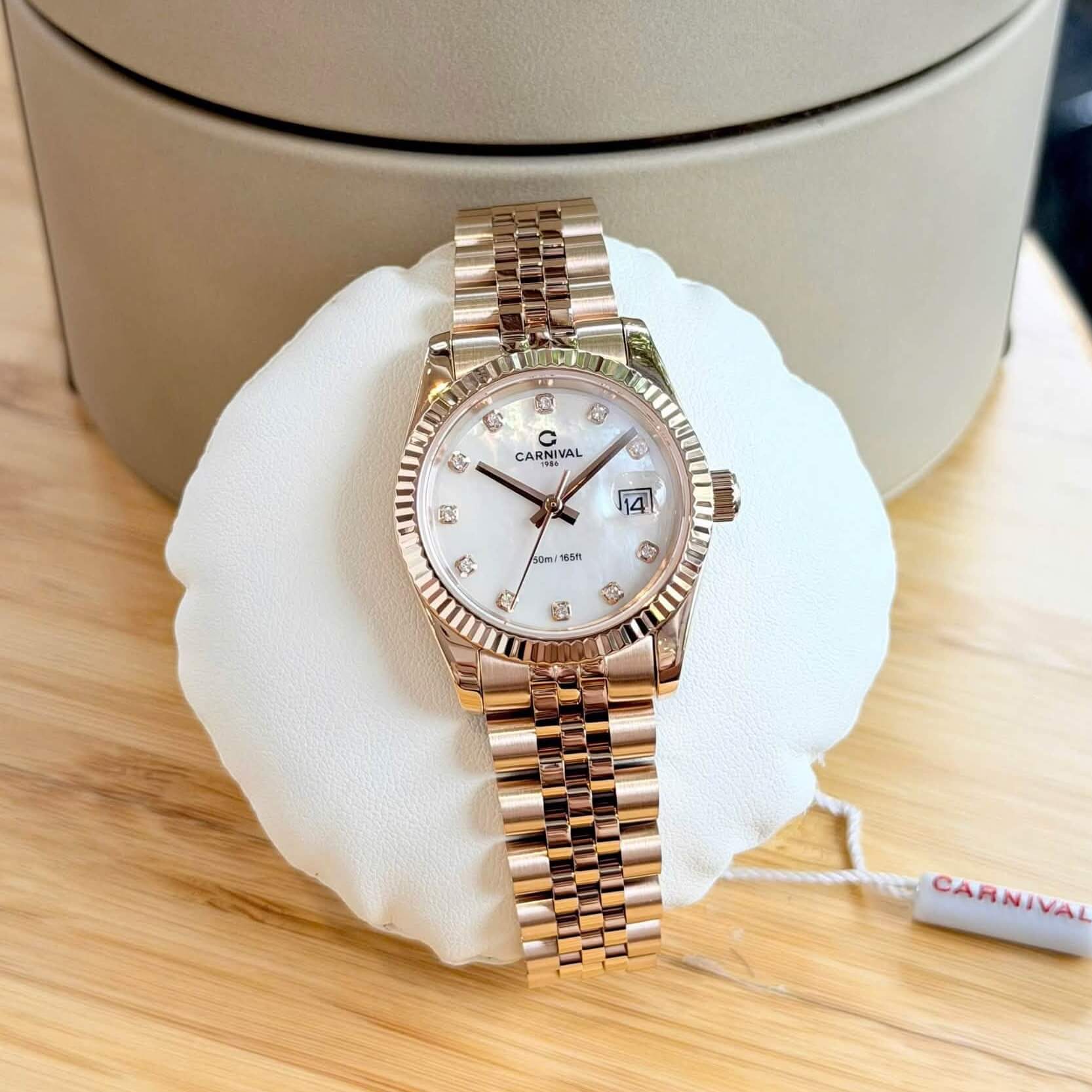 Đồng Hồ Nữ Carnival 8250L-VH-TK Màu Vàng Hồng Mặt Xà Cừ Trắng Size 30mm - Quartz Japan