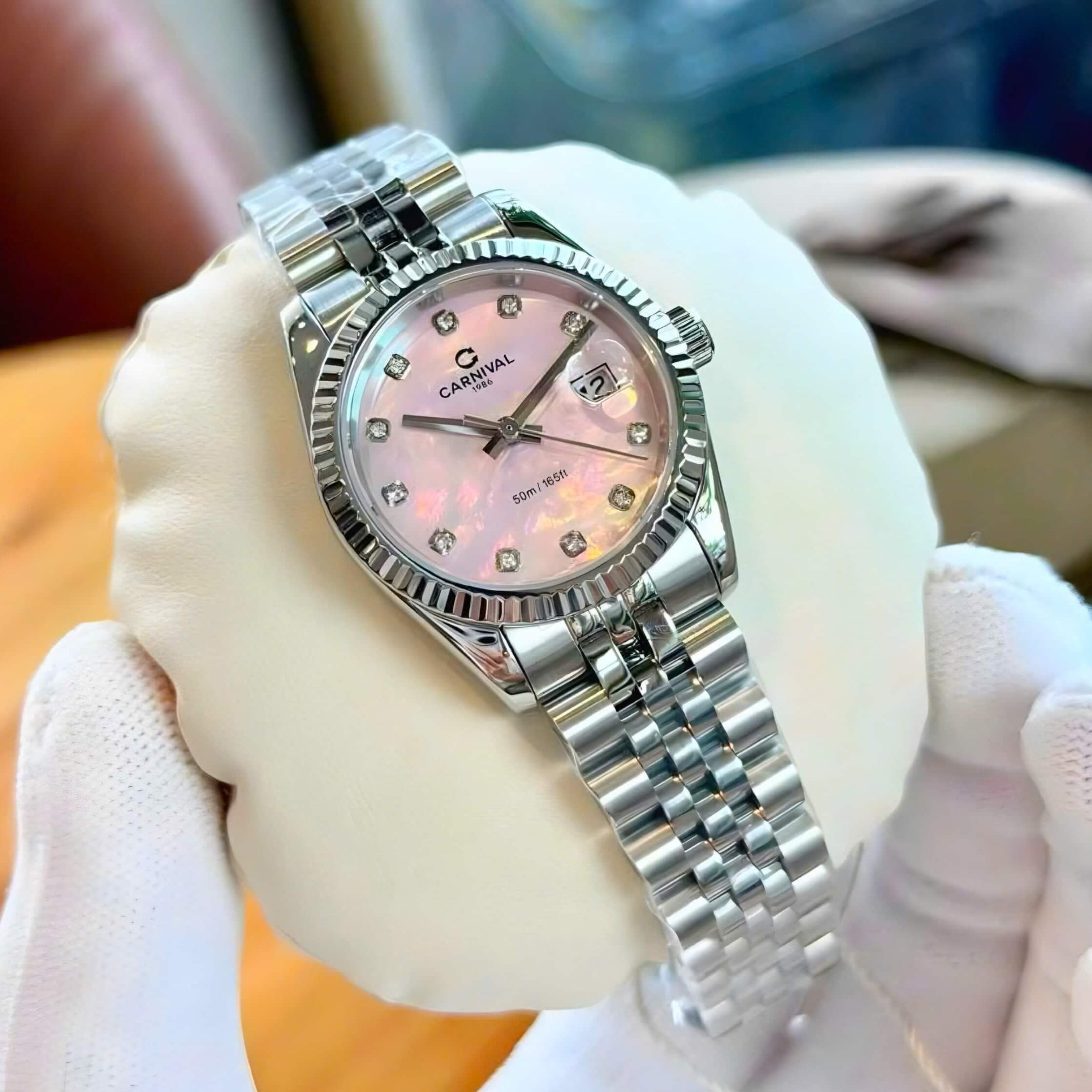 Đồng Hồ Nữ Carnival 8250L-VT-H Dây Thép Silver Mặt Xà Cừ Hồng Size 30mm Quartz Japan