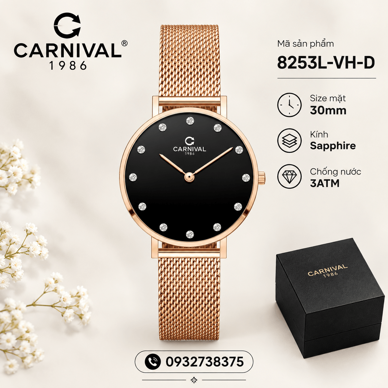 Đồng Hồ Nữ Carnival 8253L-VH-D Dây Mesh Màu Vàng Hồng Mặt Đen Size 30mm Mỏng Nhỏ Xinh