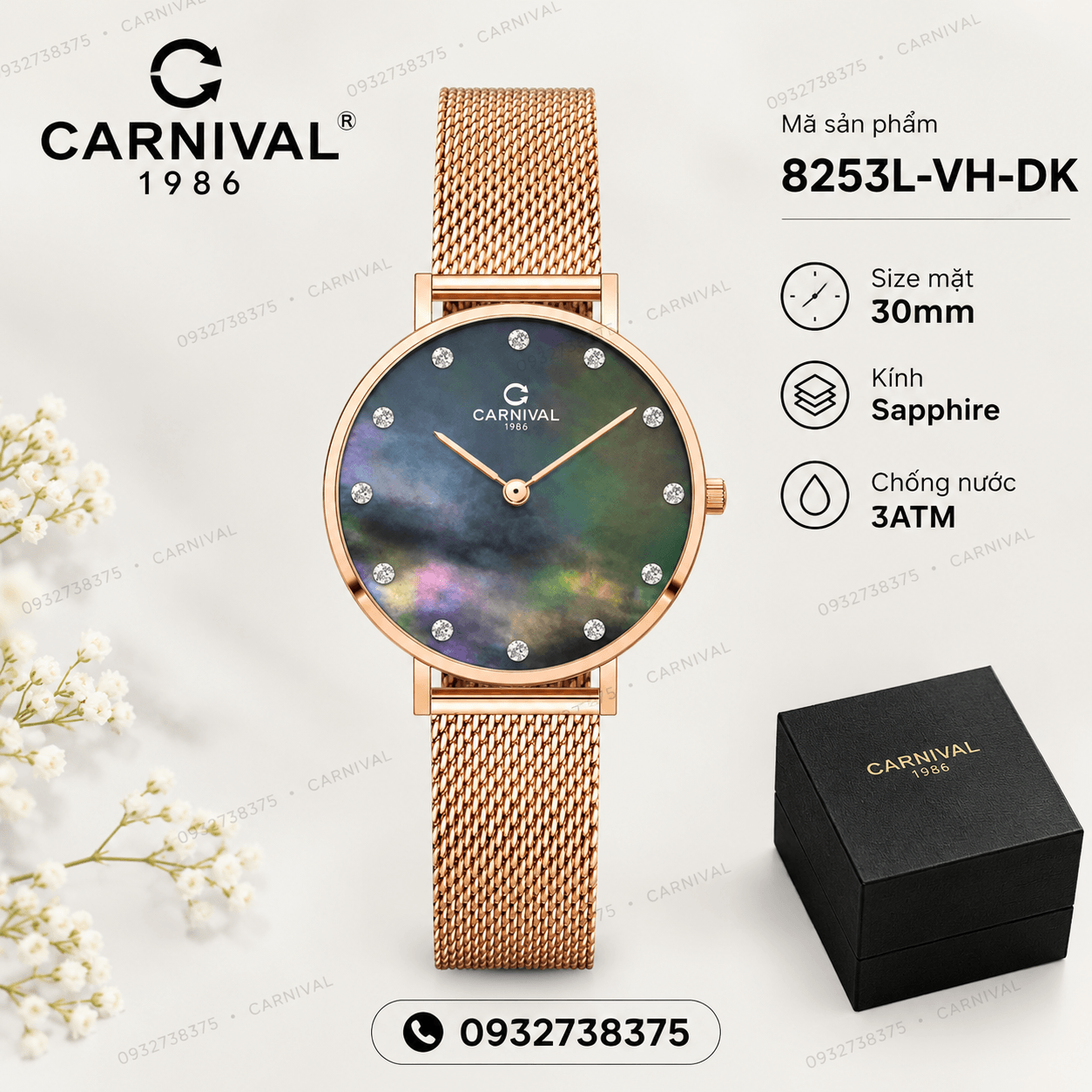 Đồng Hồ Nữ Carnival 8253L-VH-DK Dây Mesh Màu Vàng Hồng Mặt Xà Cừ Đen Size 30mm Mỏng Nhỏ Xinh