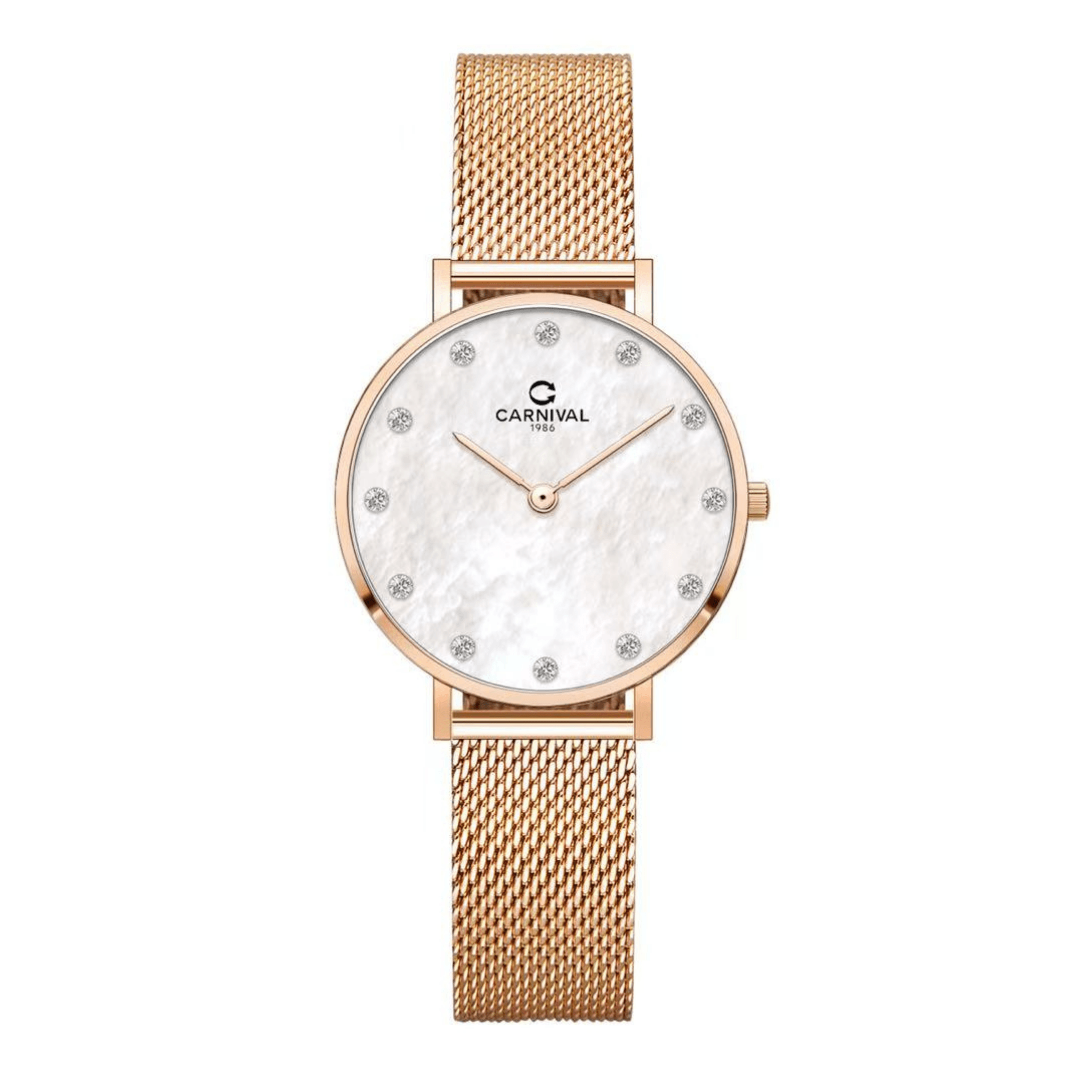 Đồng Hồ Nữ Carnival 8253L-VH-DK Dây Mesh Màu Vàng Hồng Mặt Xà Cừ Trắng Size 30mm Mỏng Nhỏ Xinh