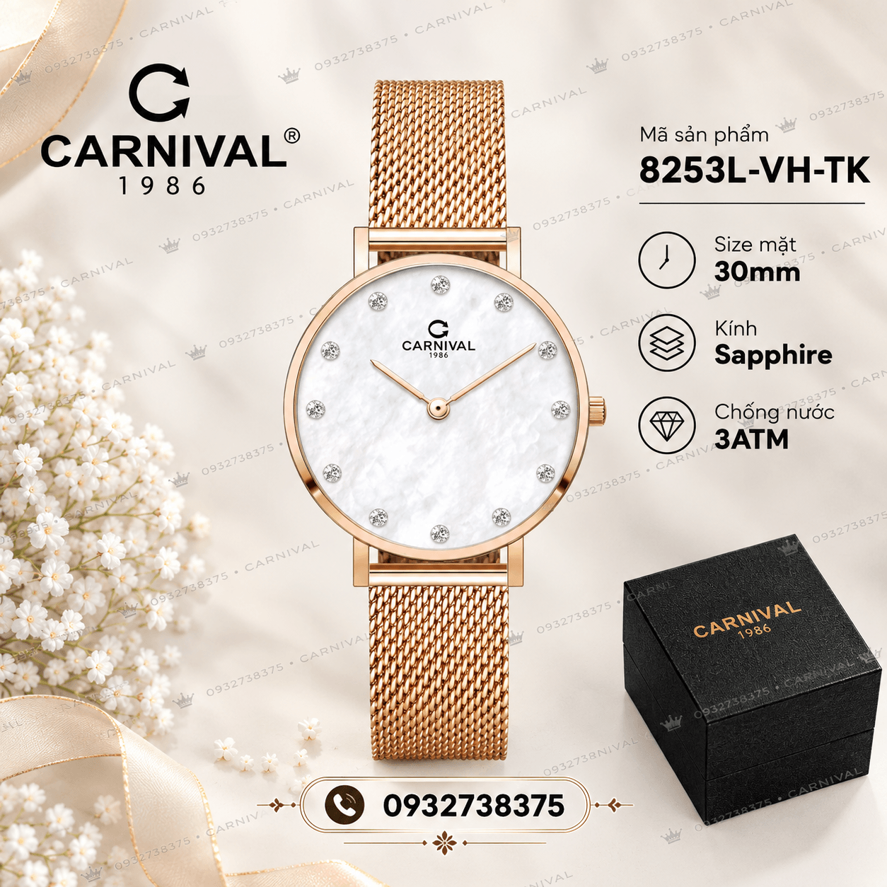 Đồng Hồ Nữ Carnival 8253L-VH-DK Dây Mesh Màu Vàng Hồng Mặt Xà Cừ Trắng Size 30mm Mỏng Nhỏ Xinh