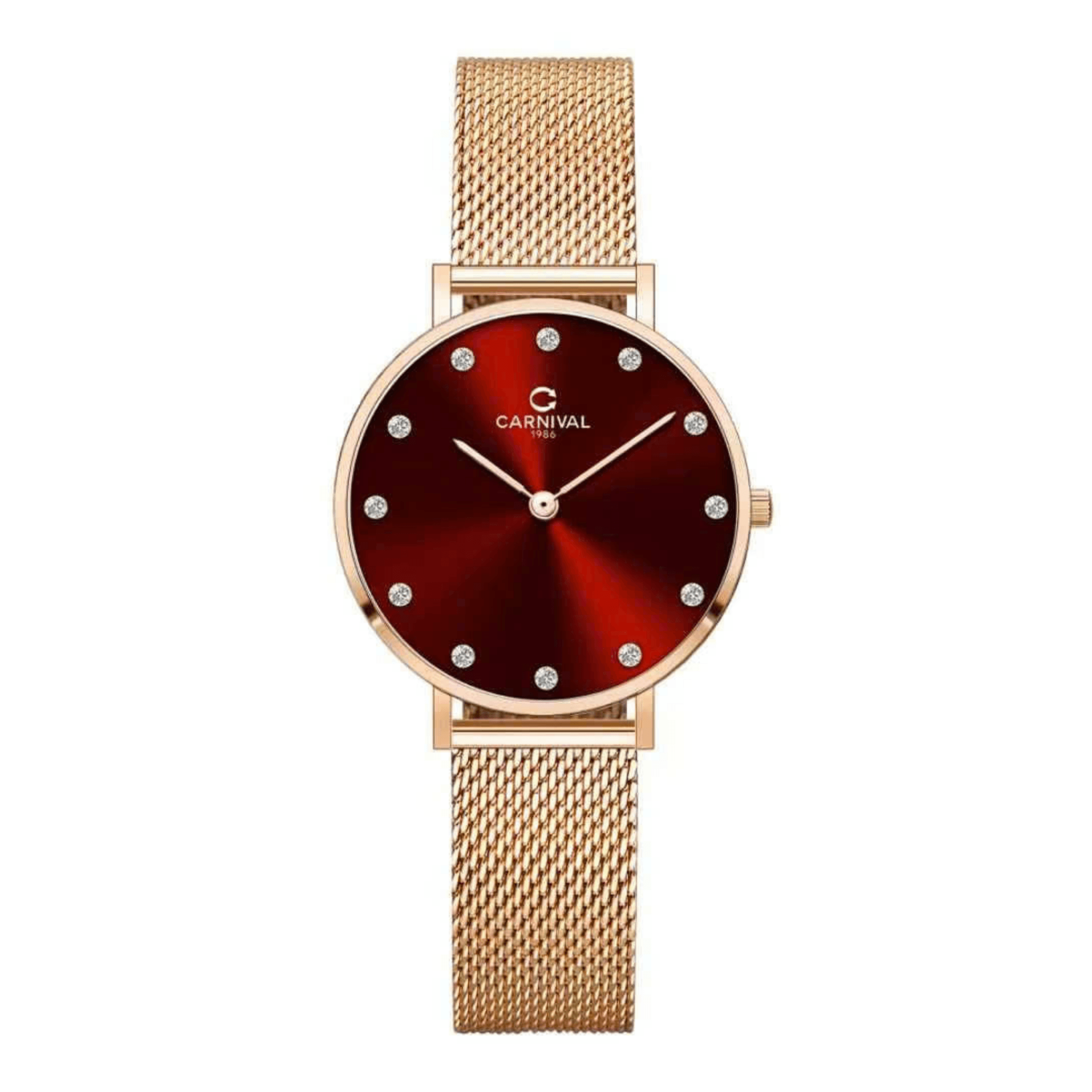 Đồng Hồ Nữ Carnival 8253L-VH-DO Dây Mesh Màu Vàng Hồng Mặt Đỏ Size 30mm Mỏng Nhỏ Xinh
