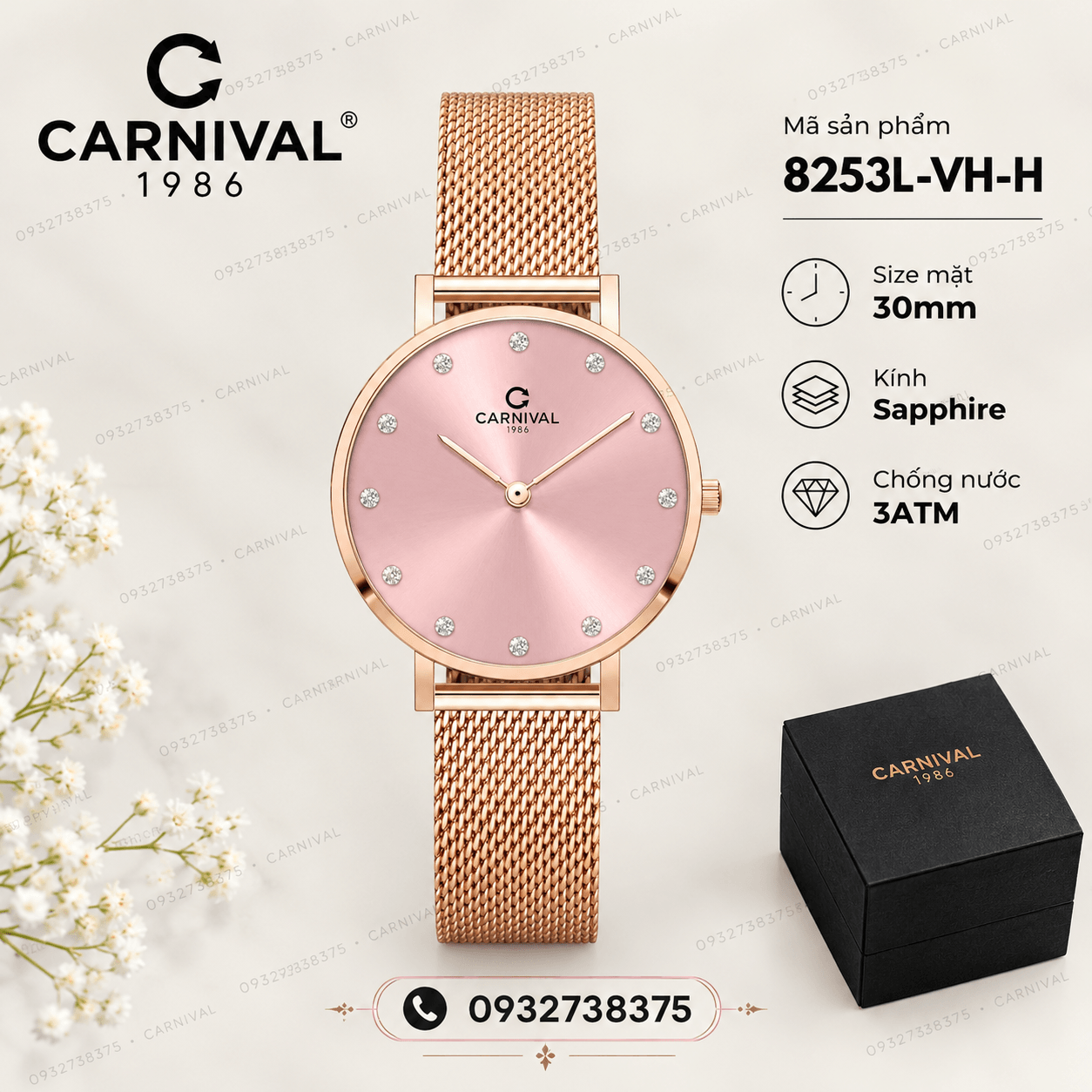 Đồng Hồ Nữ Carnival 8253L-VH-H Dây Mesh Màu Vàng Hồng Mặt Hồng Size 30mm Mỏng Nhỏ Xinh