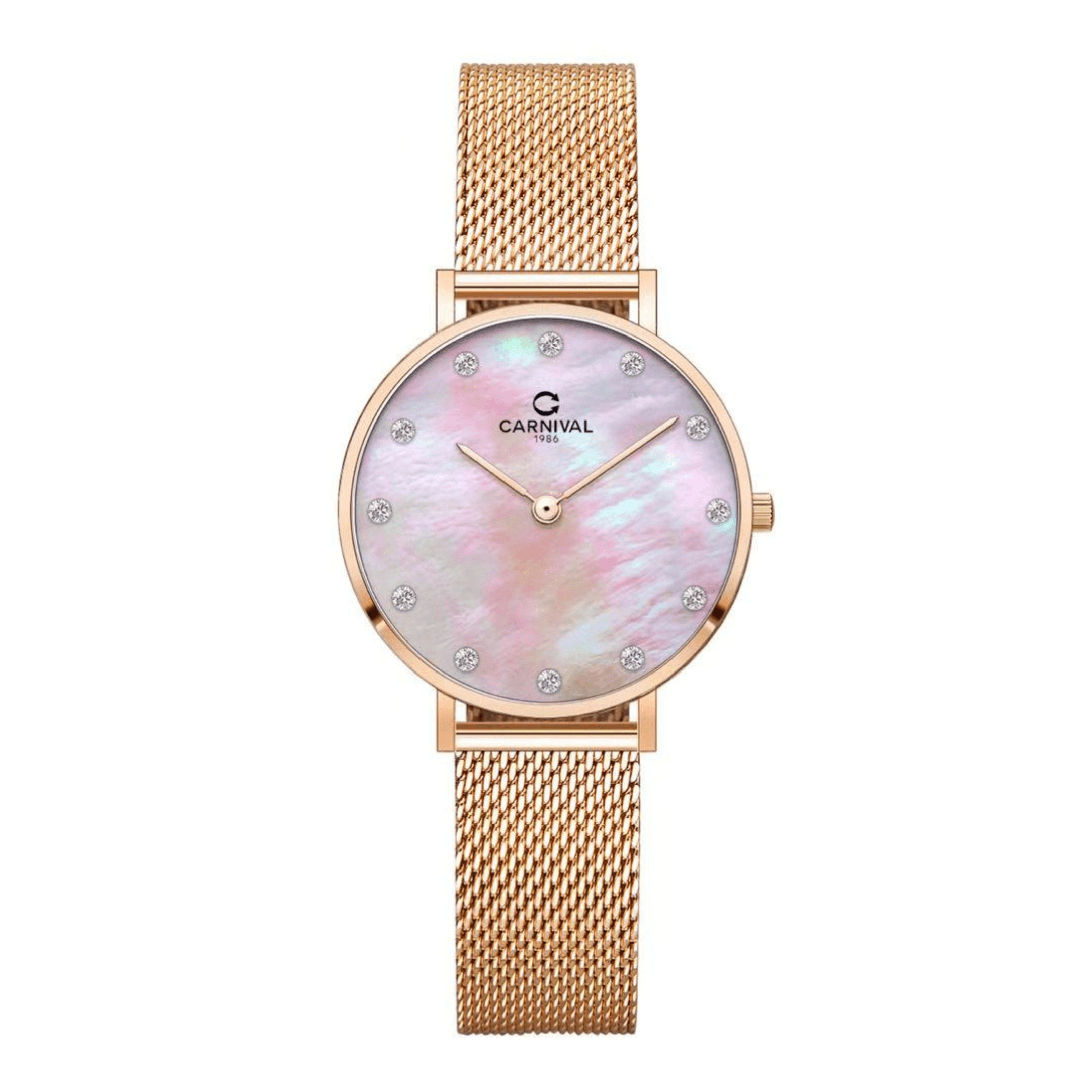 Đồng Hồ Nữ Carnival 8253L-VH-HK Dây Mesh Màu Vàng Hồng Mặt Xà Cừ Hồng Size 30mm Mỏng Nhỏ Xinh