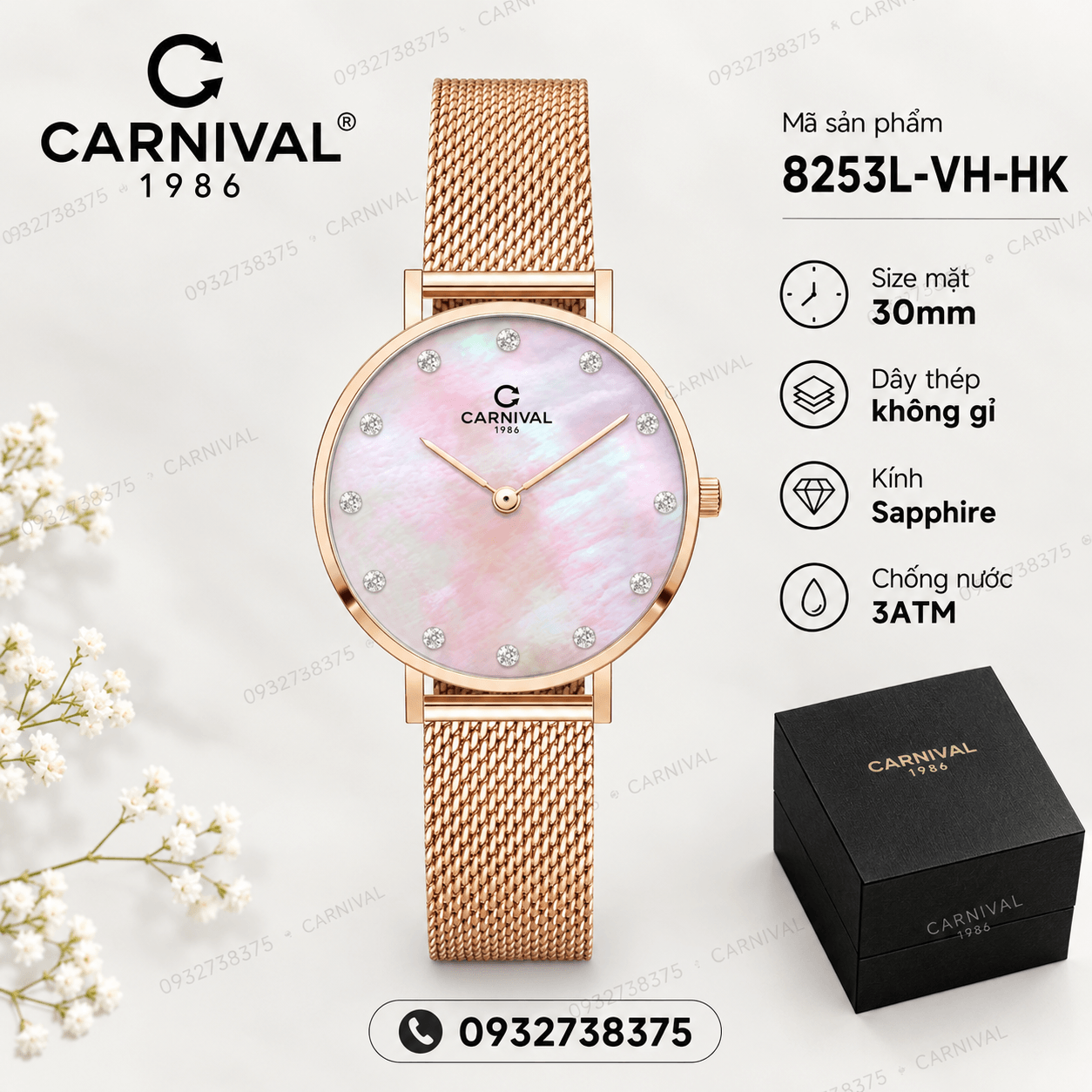 Đồng Hồ Nữ Carnival 8253L-VH-HK Dây Mesh Màu Vàng Hồng Mặt Xà Cừ Hồng Size 30mm Mỏng Nhỏ Xinh